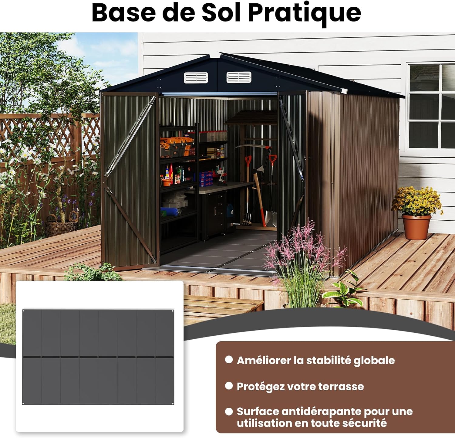 Abri de jardin en métal Costway, 7,8 m², toit à double pente, porte double verrouillable avec clé, 4 aérations, abri de jardin extérieur pour vélo, poubelle, outils, anthracite (7,8 m²)