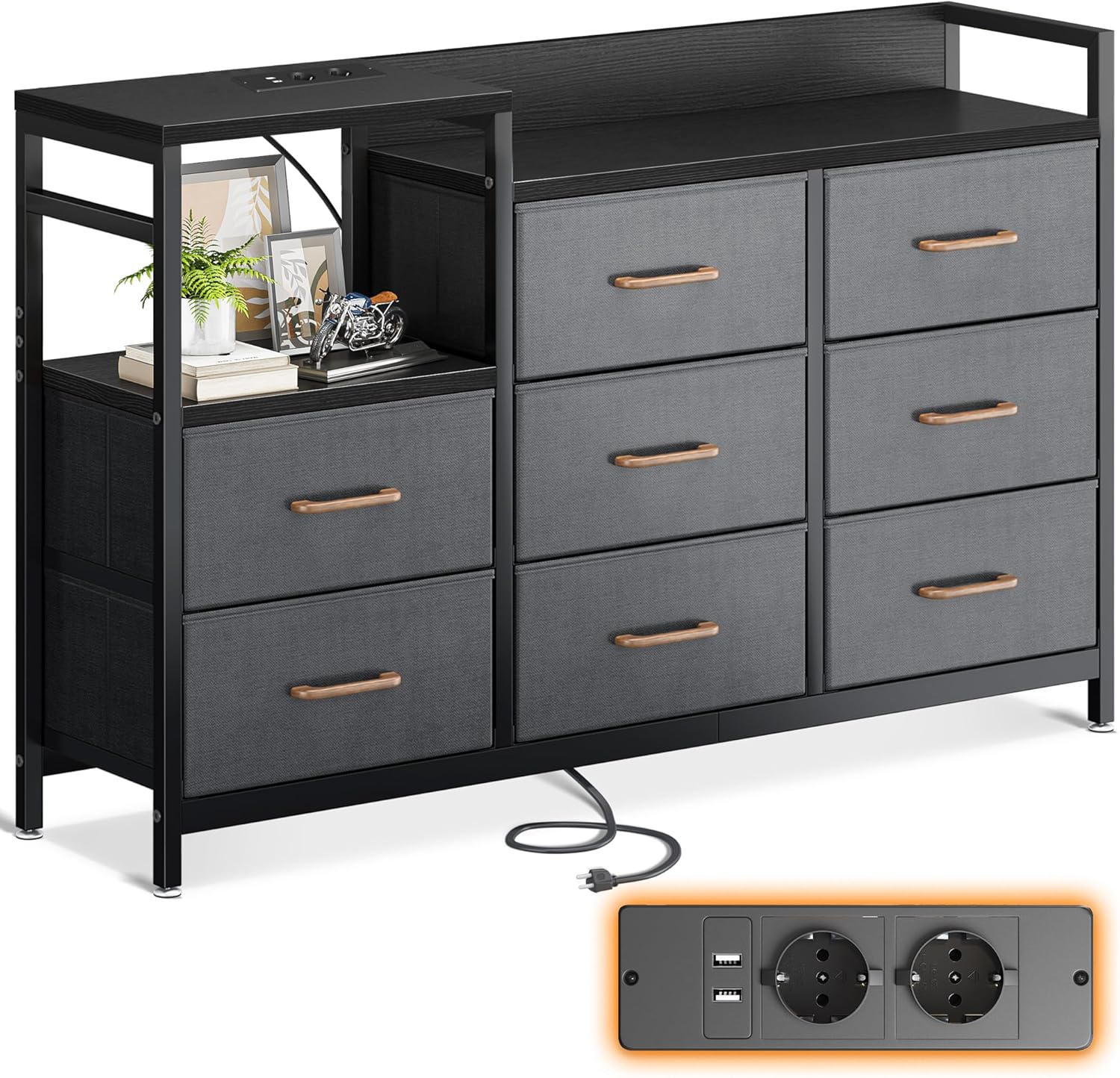 ODK Slaapkamerkast met 2 USB-poorten en 2 stopcontacten, multifunctionele ladekast voor slaapkamer en woonkamer – Stabiel en duurzaam dressoir, 132 x 30 x 88 cm, Vintage en zwart 