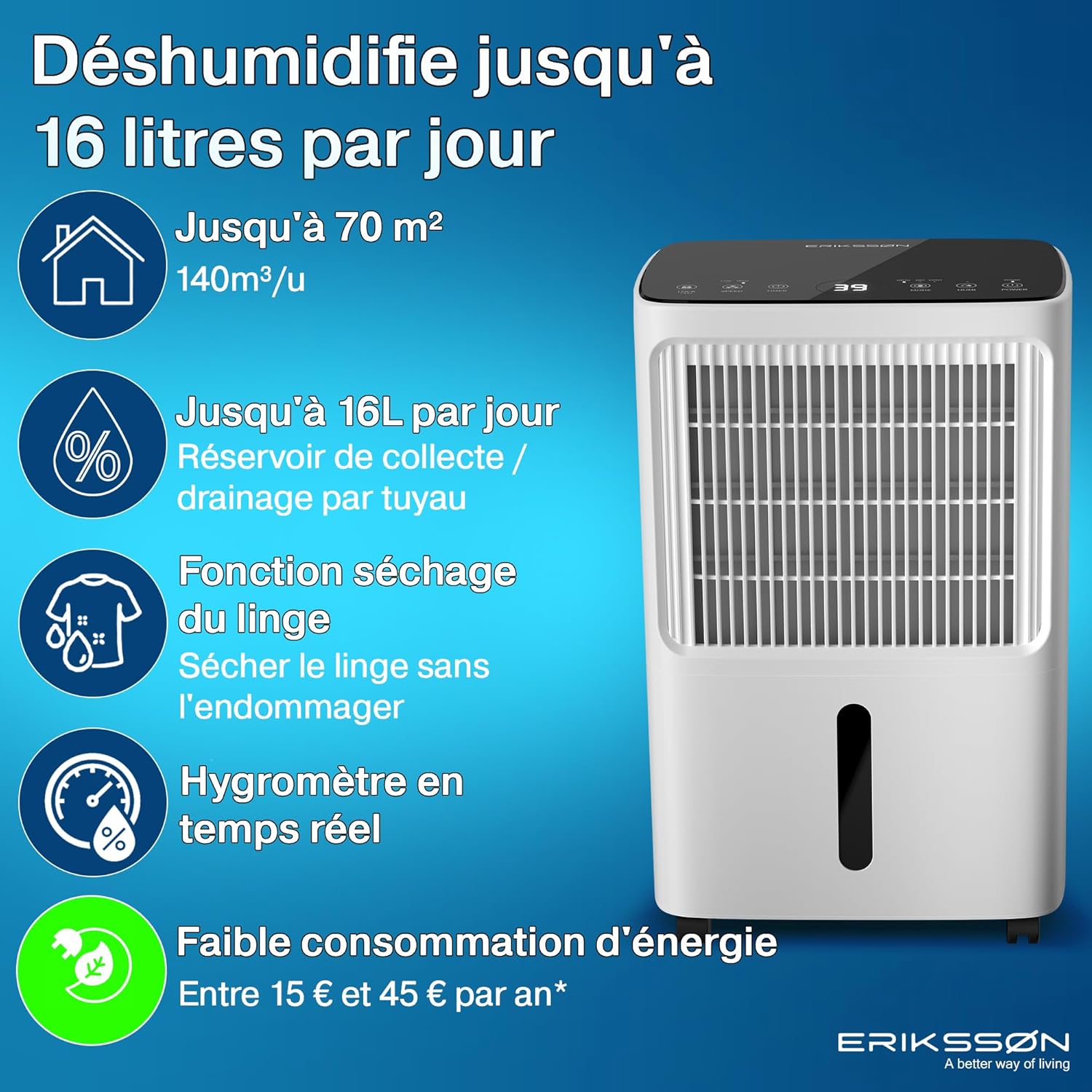 Déshumidificateur 16 litres/24 heures taille de la pièce : environ 140 m3 (70 m2), affichage LED, résistant à l'humidité  avec minuterie, économie d'énergie, avec capteur d'humidité (blanc)
