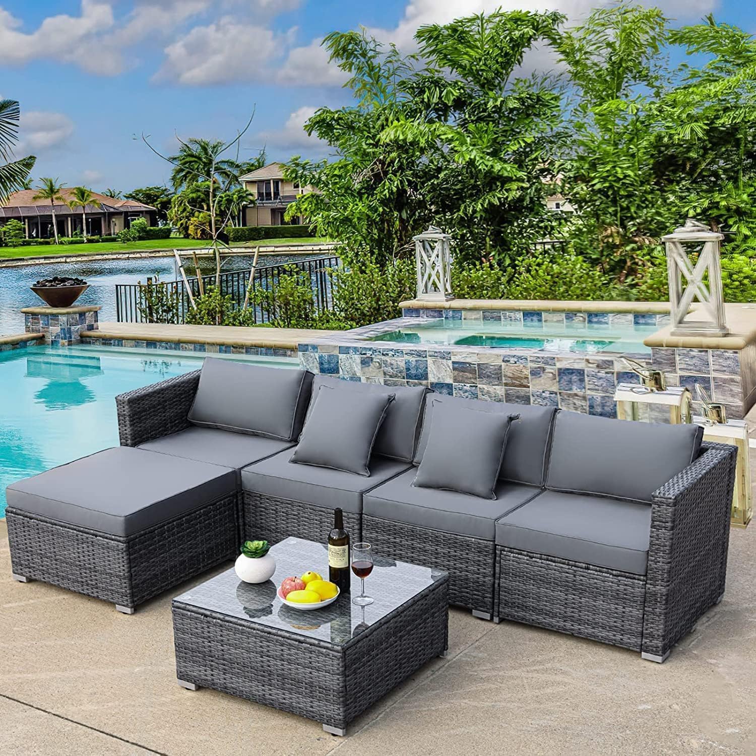 Ensemble de 6 meubles de jardin en rotin synthétique, canapés modulables pour 7 personnes, salon de jardin résistant aux intempéries avec 2 canapés d'angle, 2 fauteuils, 1 table basse avec plateau en verre