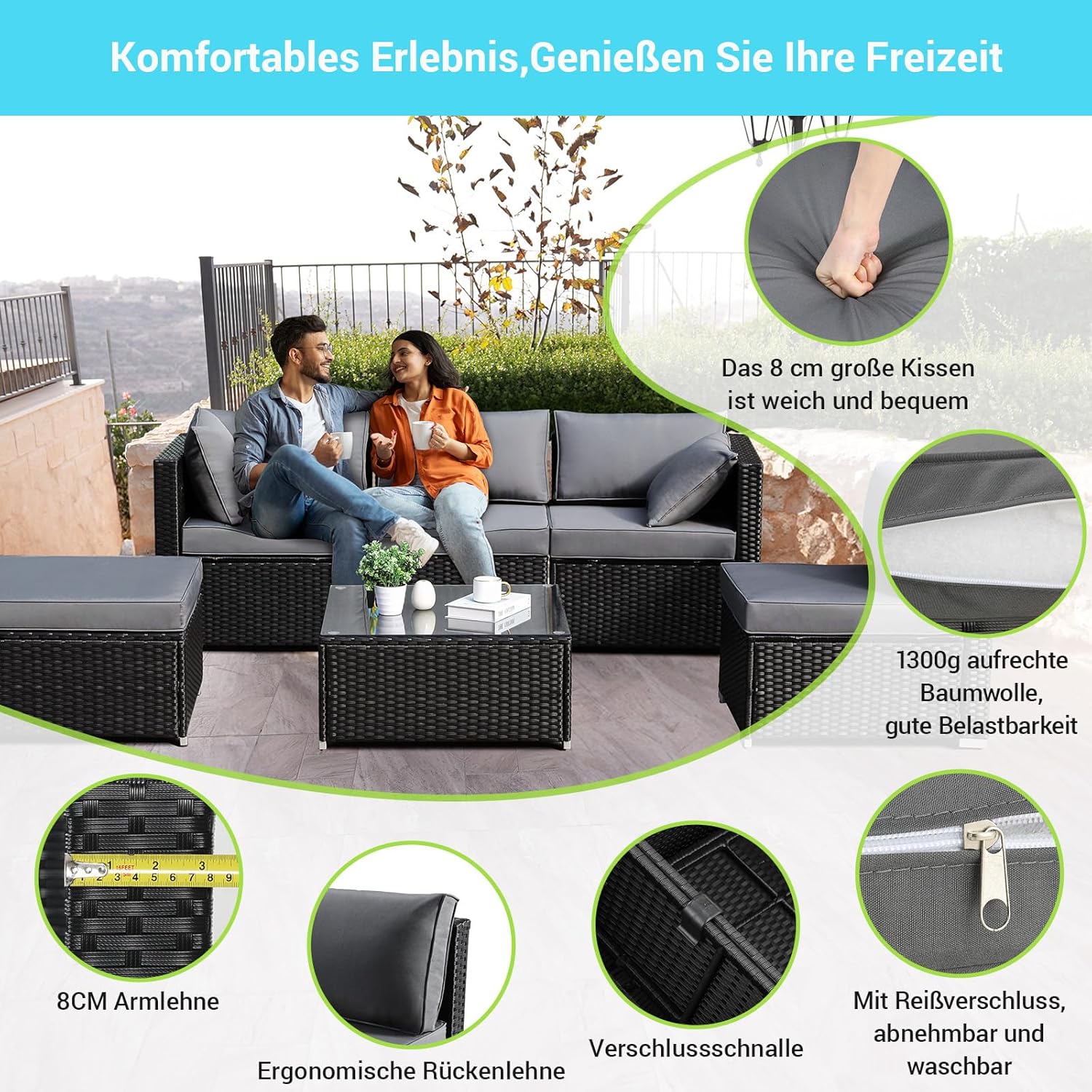 Ensemble de 6 meubles de jardin en rotin synthétique, canapés modulables pour 7 personnes, salon de jardin résistant aux intempéries avec 2 canapés d'angle, 2 fauteuils, 1 table basse avec plateau en verre