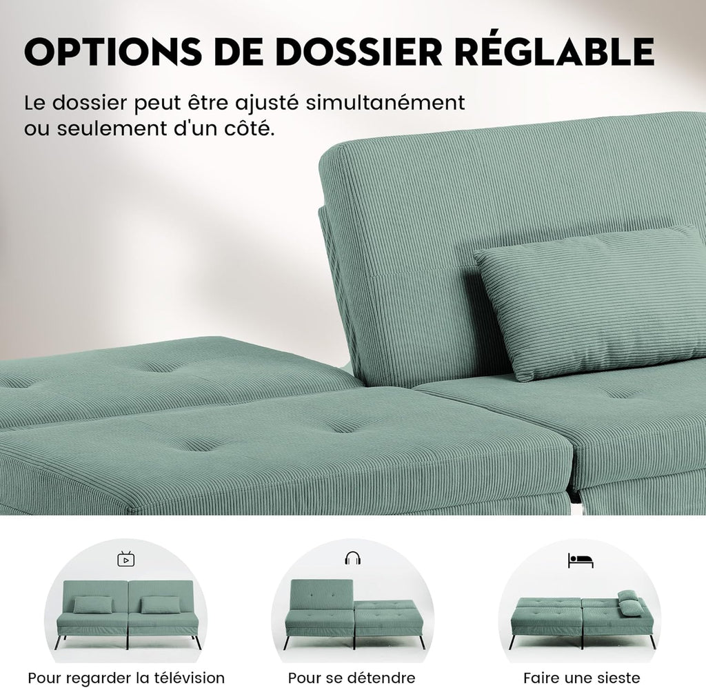 COMHOMA Slaapbank met slaapfunctie - Omvormbare futonhoes - Hoekbank - 3-zits gastenbank - met verstelbare stoffen rugleuning - Grijs 