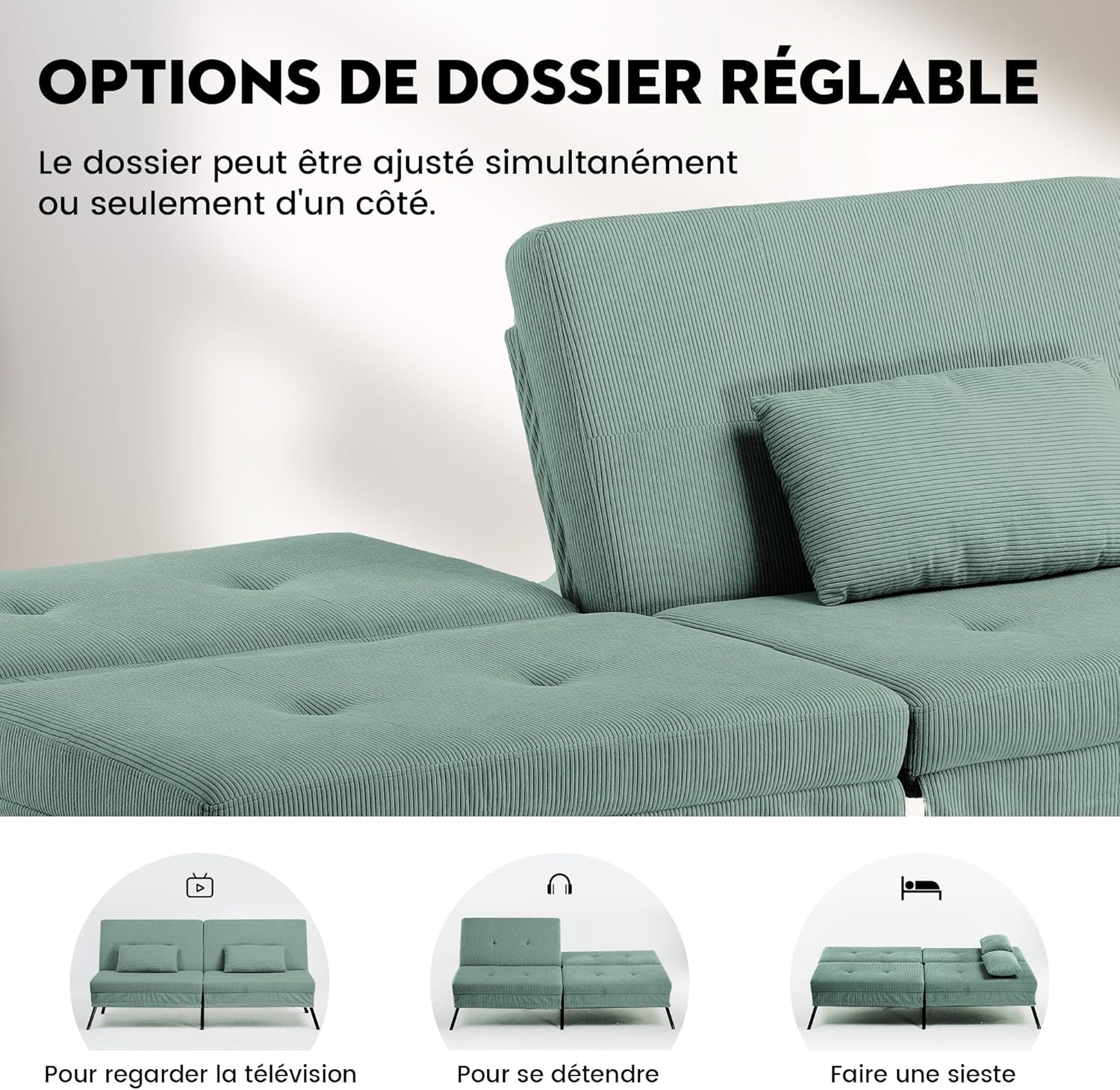 COMHOMA Slaapbank met slaapfunctie - Omvormbare futonhoes - Hoekbank - 3-zits gastenbank - met verstelbare stoffen rugleuning - Grijs 