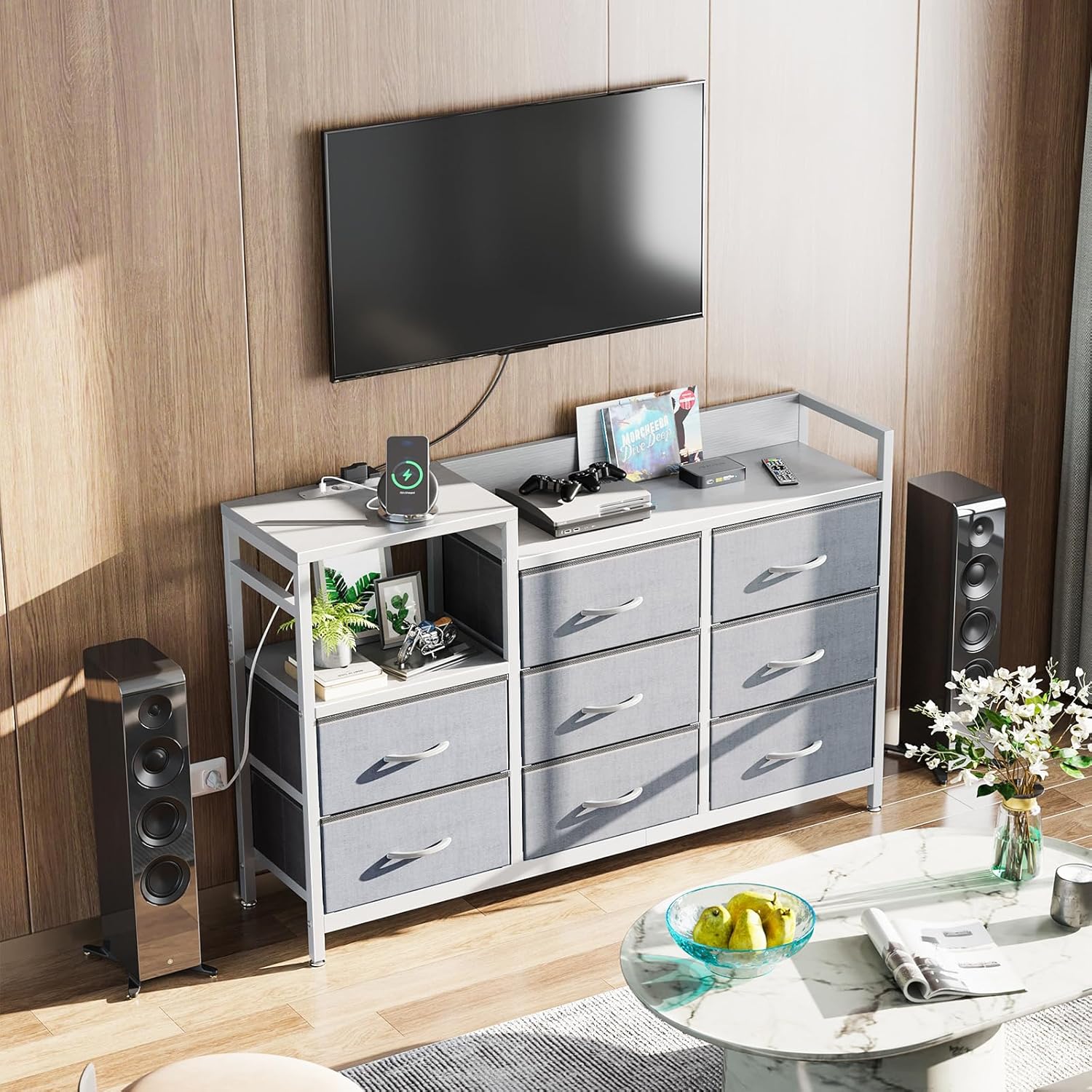 ODK Slaapkamerkast met 2 USB-poorten en 2 stopcontacten, multifunctionele ladekast voor slaapkamer en woonkamer – Stabiel en duurzaam dressoir, 132 x 30 x 88 cm, Vintage en zwart 