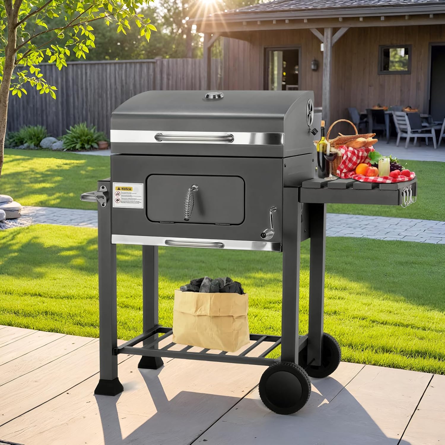 Barbecue Charbon de Bois, Chariot à Barbecue XXL, Grand Barbecue au Charbon de Bois, Grill à Charbon avec Couvercle, 2 Tables d'Appoint, Roues et Thermomètre, BBQ Fumoir, Barbecue de Jardin, Gris