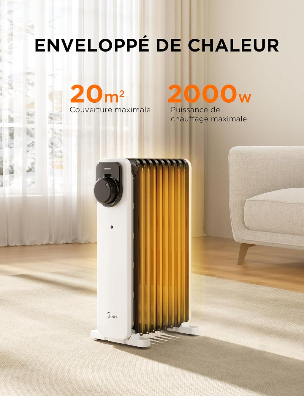 Radiateur à bain d'huile Midea 2000 W - 9 ailes, commande rotative, thermostat réglable