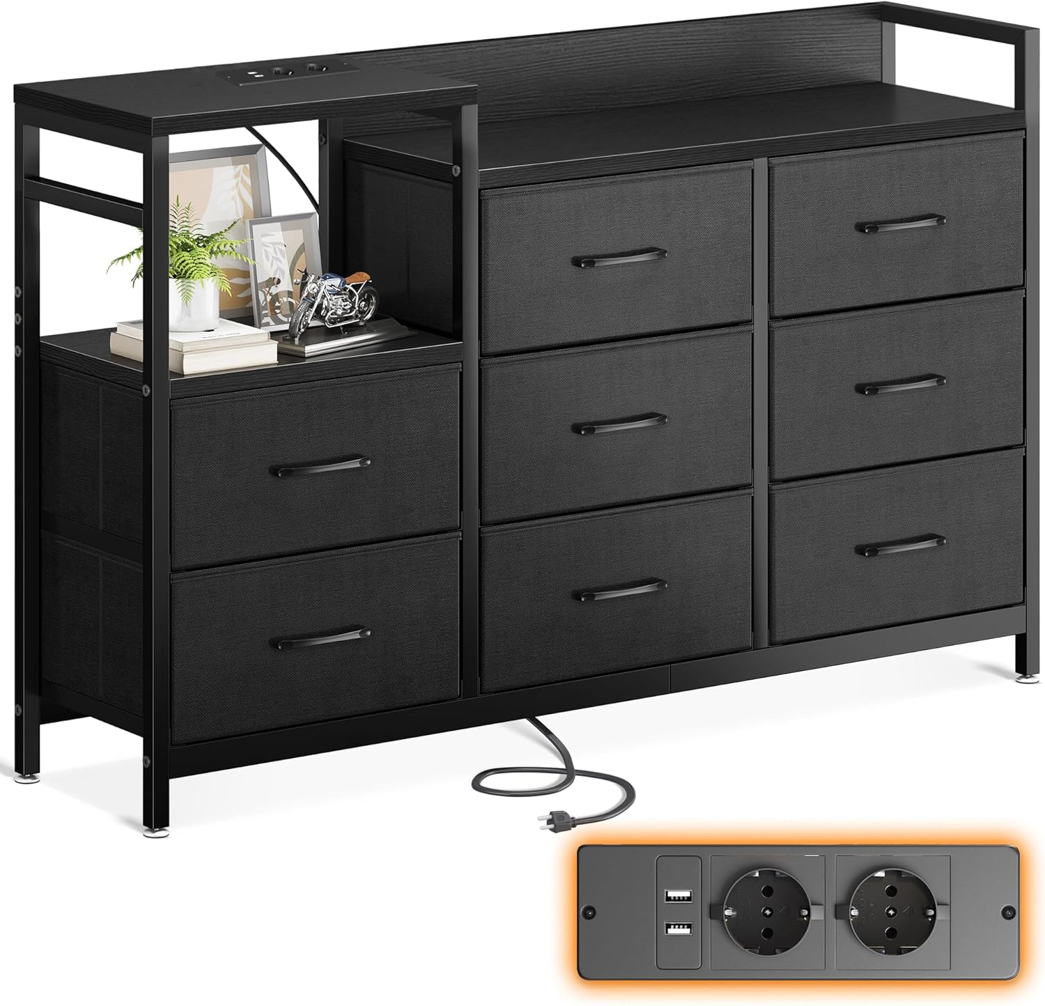 ODK Slaapkamerkast met 2 USB-poorten en 2 stopcontacten, multifunctionele ladekast voor slaapkamer en woonkamer – Stabiel en duurzaam dressoir, 132 x 30 x 88 cm, Vintage en zwart 