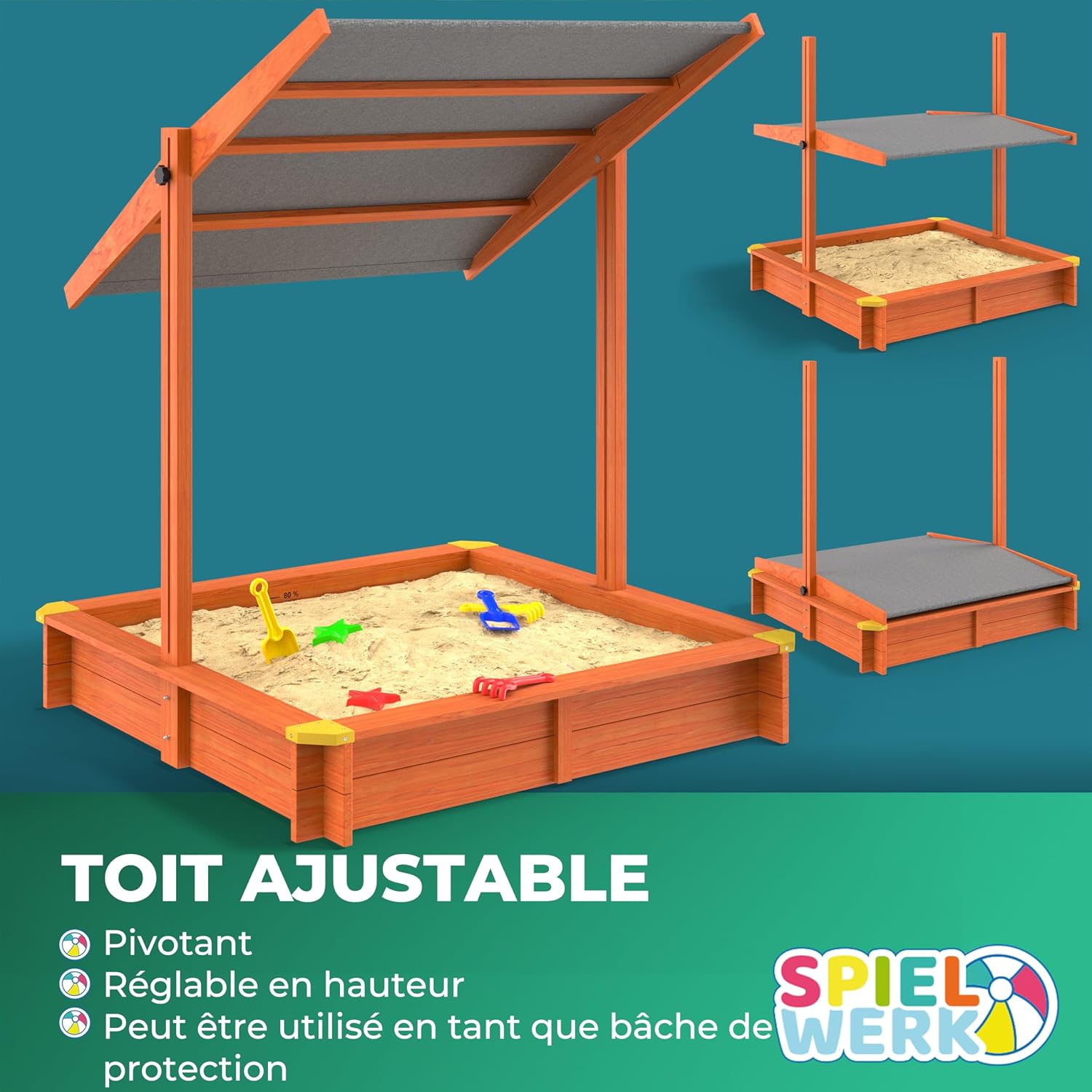 Bac à sable en bois 120 x 120 cm Tapis de sol Toit réglable Protection UV 50+