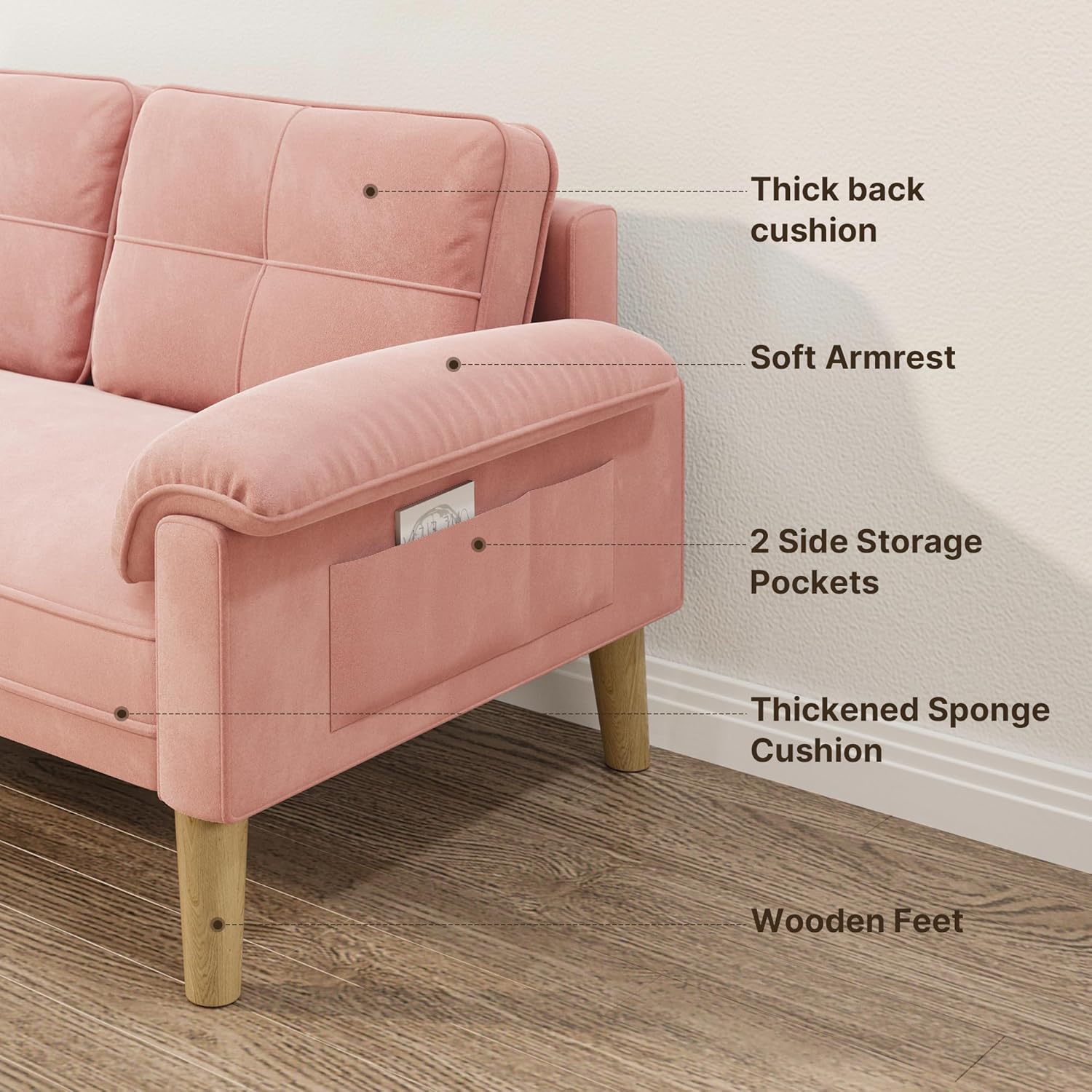 Canapé 2 places Xbro - petit canapé 2 places avec accoudoirs et poches latérales, canapé moderne