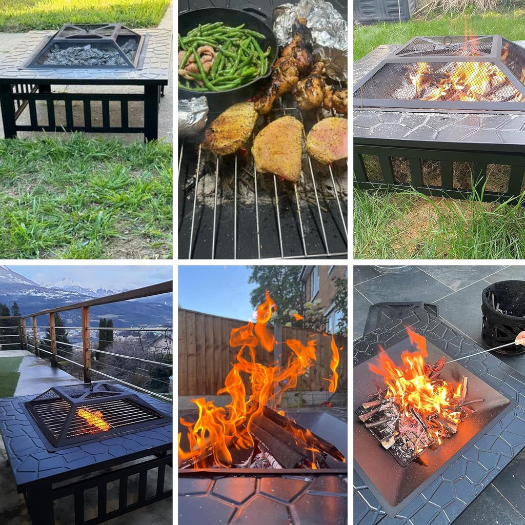 LIFERUN 32" BBQ-vuurkorf voor buiten, tuinvuurkorf, terrashaard met grill, inclusief pook, vonkenvanger, koolstofgaas, grillklemmen, borstel en 4 voetjes. 