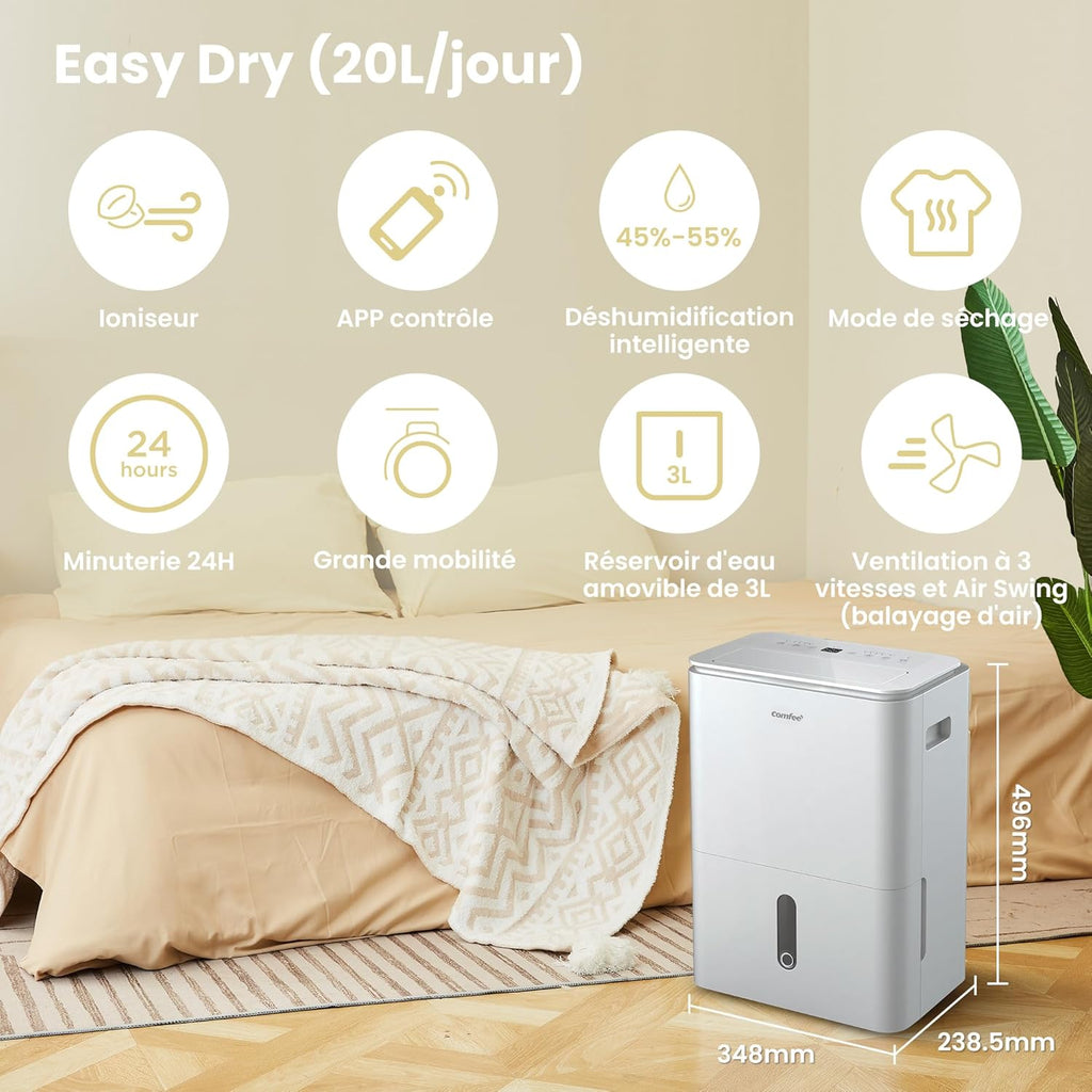 Déshumidificateur puissant COMFEE, absorbe jusqu'à 50 L/jour, sèche-linge, mode confort, grand réservoir de 6 L, minuterie 24 h, idéal pour les grandes pièces de 101 à 116 ㎡, MDDPE-50DEN7, cave, sous-sol
