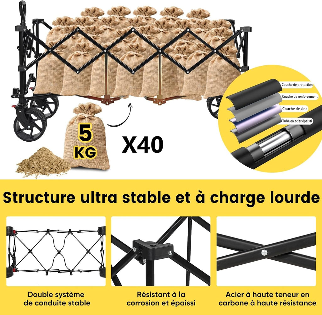 Sekey XXXL opvouwbare transporttrolley met remmen 300L 200 kg, strand- en tuintrolley met extra grote wielen 17 x 10 cm, gepatenteerd opvouwbaar in vier richtingen SE4013, diepzwart 