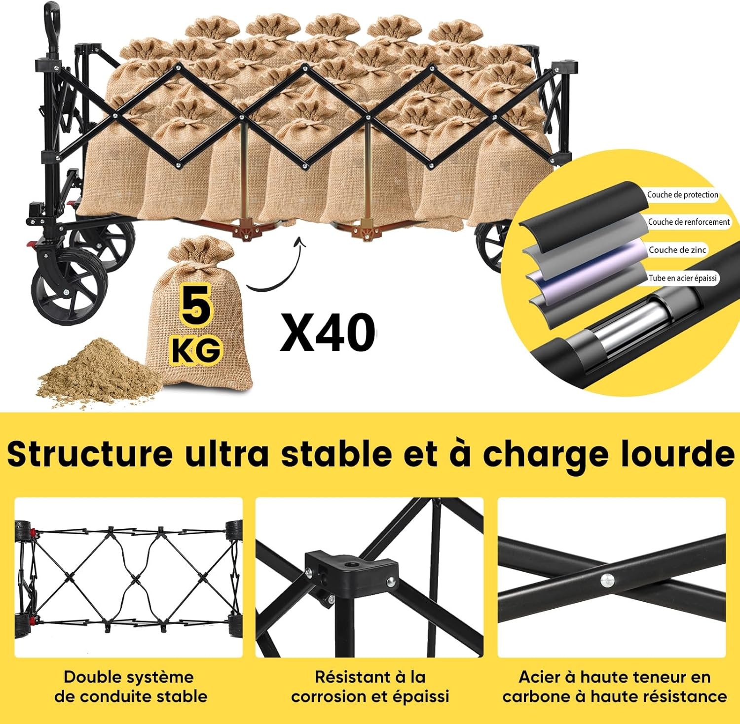Chariot de transport pliable Sekey XXXL avec frein, chariot de jardin de plage