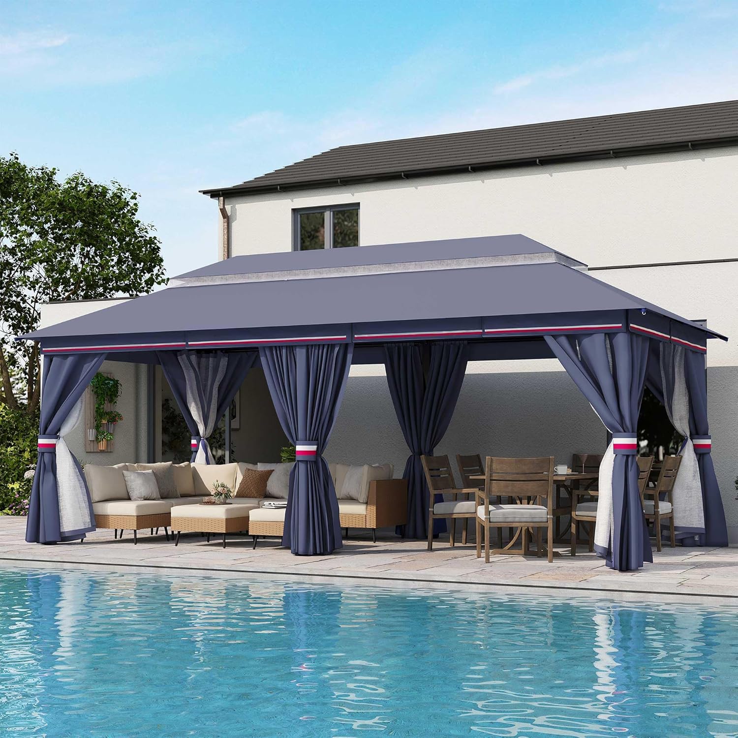 Tente pavillon d'extérieur améliorée à double toit, auvent imperméable UV50+ avec filet et crochets