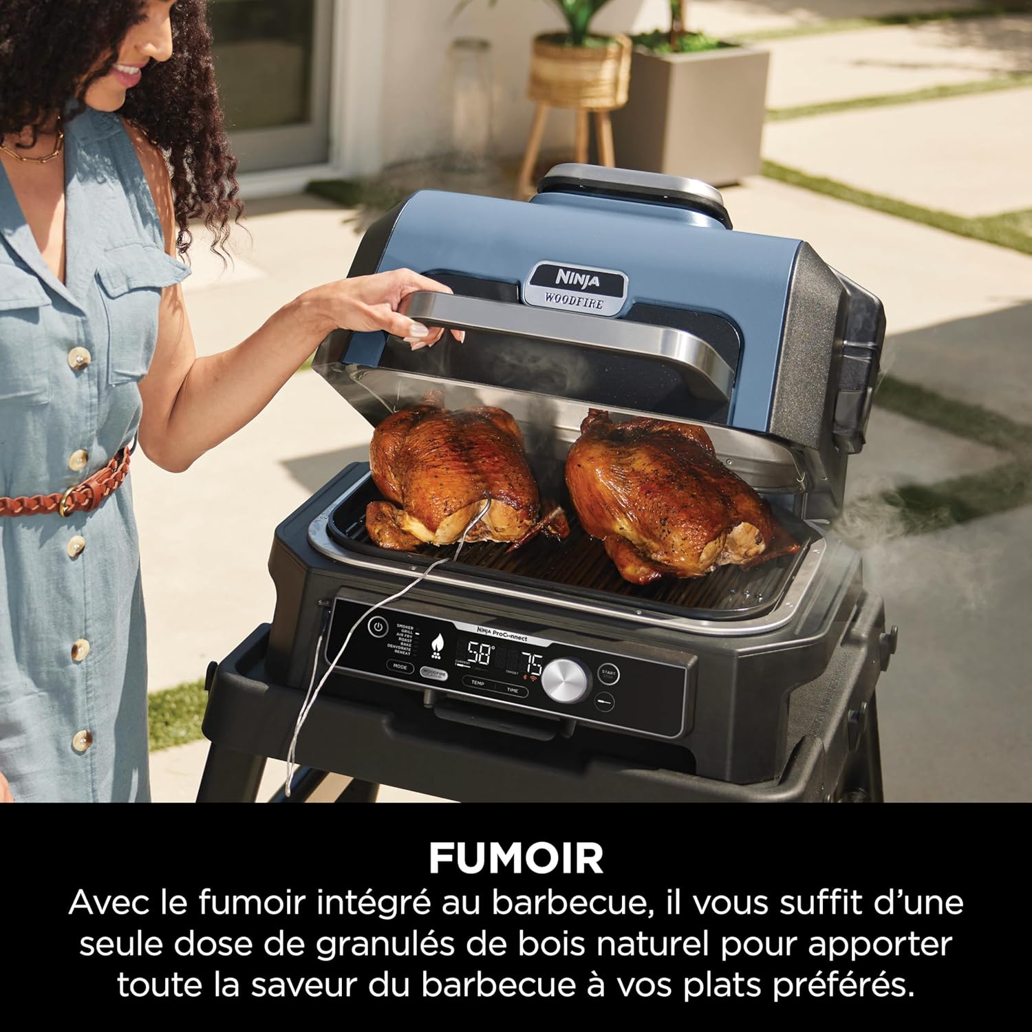 Barbecue et fumoir électrique Ninja Woodfire Pro Connect XL avec contrôle d'application, 2 sondes, grille, couvercle, doublures et brosse, gril et friteuse sans huile 7 en 1