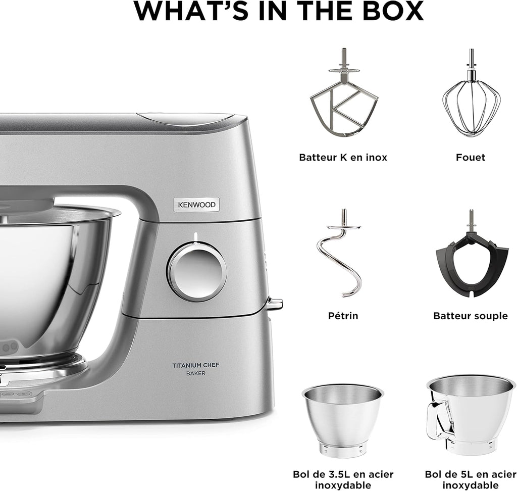 Kenwood Titanium Chef Baker KVC85.004SI Patisserie Processor met geïntegreerde weegschaal, inclusief 3-delige deegset, mengkom van 5 liter en 3,5 liter, progressieve cruisecontrol, 1200 W, zilverkleurig 