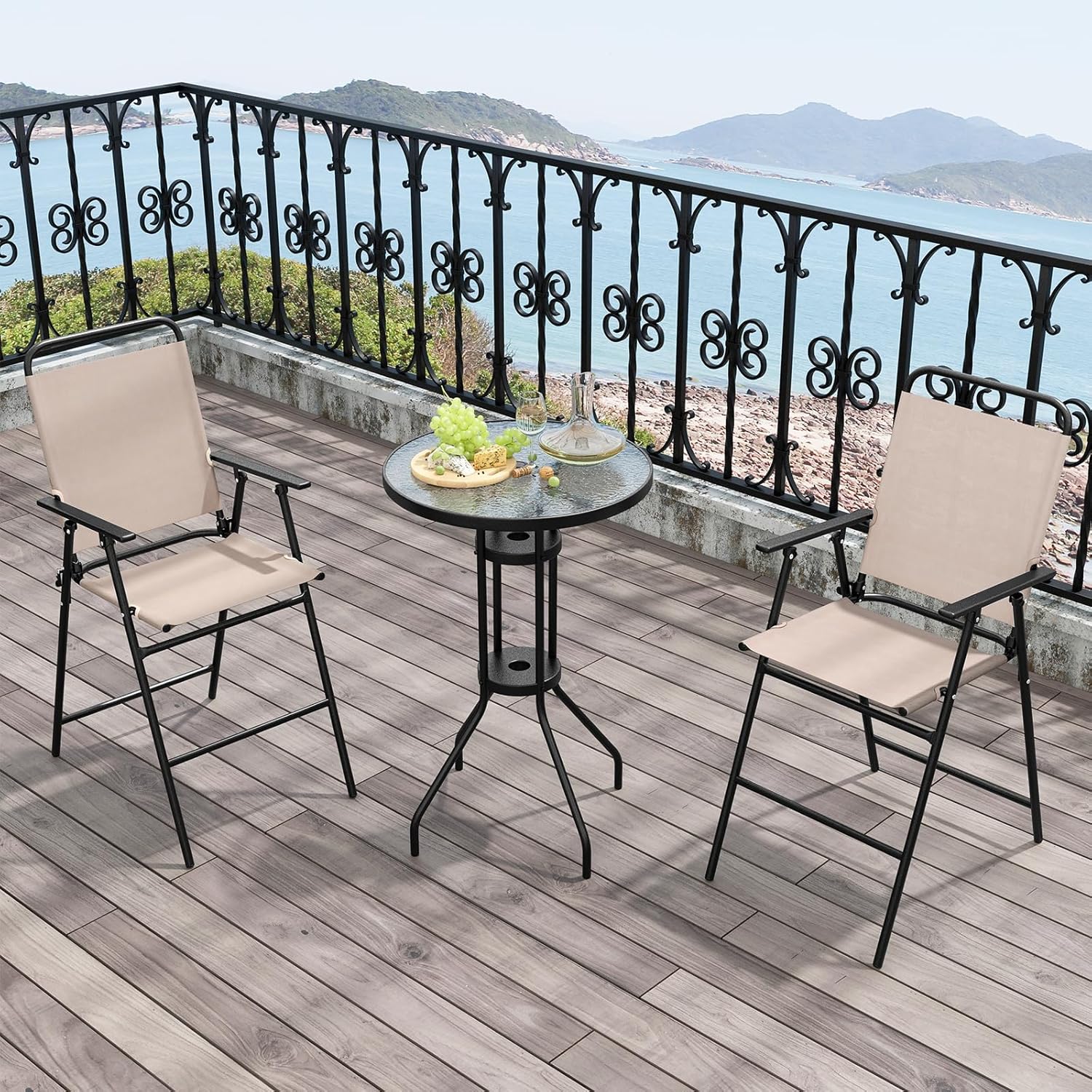 Ensemble bistrot KOMFOTTEU, salon de jardin avec parasol, table avec trou pour parasol, 2 chaises pliantes, ensemble table et chaises de patio, mobilier d'extérieur pour balcon