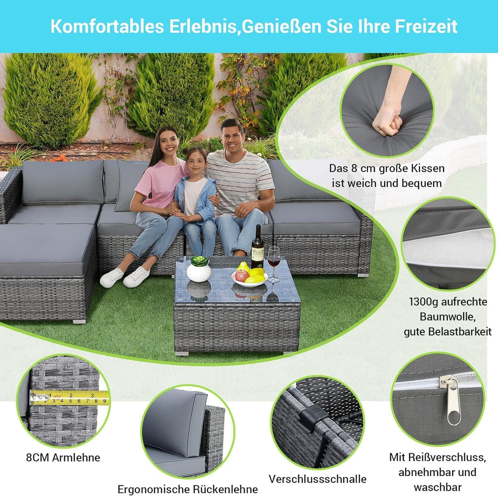 Ensemble de 6 meubles de jardin en rotin synthétique, canapés modulables pour 7 personnes, salon de jardin résistant aux intempéries avec 2 canapés d'angle, 2 fauteuils, 1 table basse avec plateau en verre