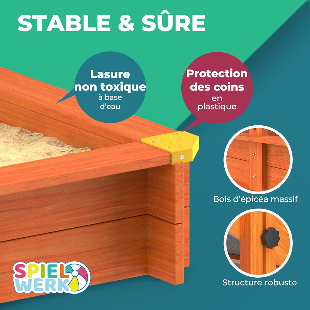 Bac à sable en bois 120 x 120 cm Tapis de sol Toit réglable Protection UV 50+