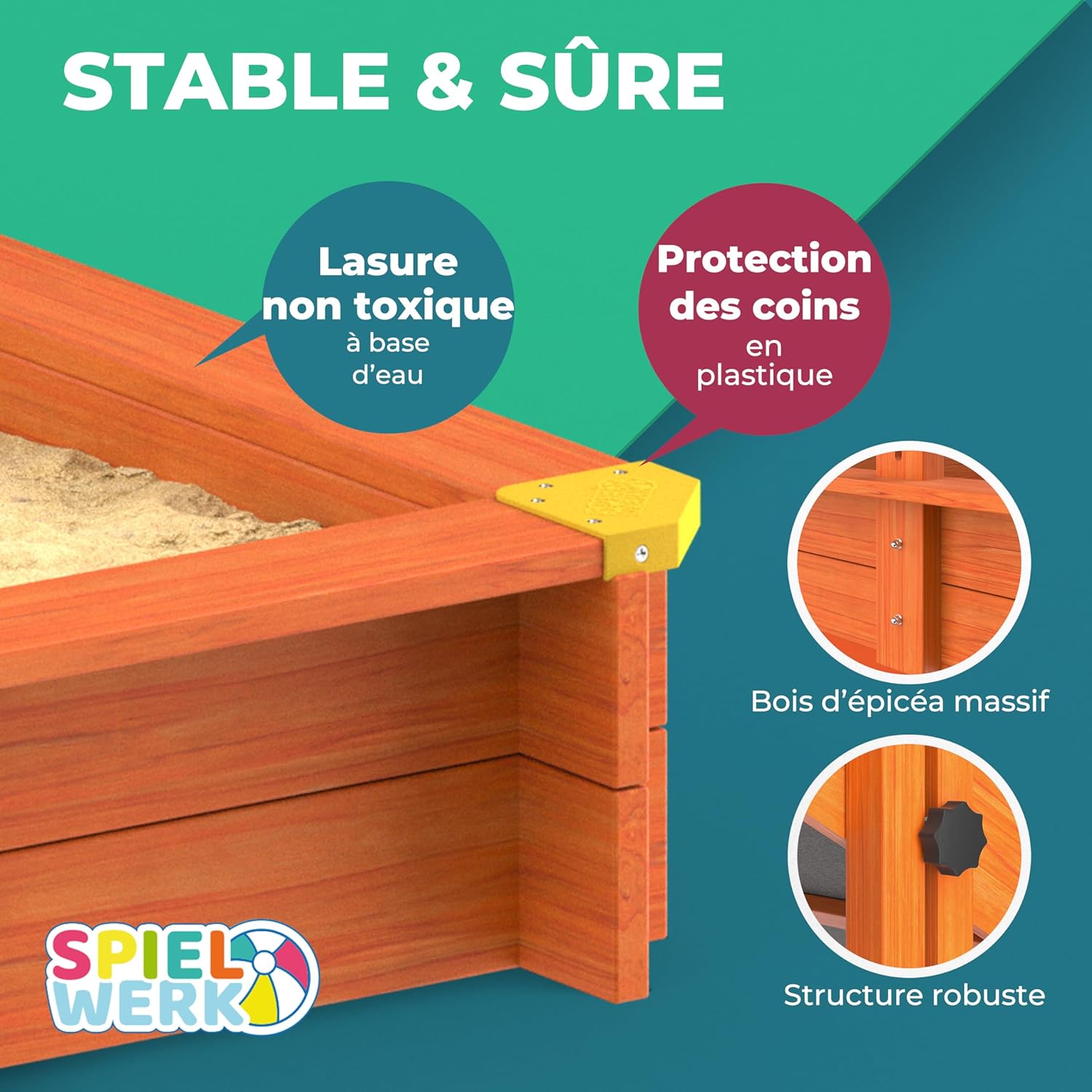 Bac à sable en bois 120 x 120 cm Tapis de sol Toit réglable Protection UV 50+