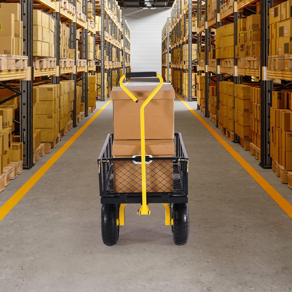 VEVOR Tuintransportwagen, draagvermogen 900 lb (ca. 408 kg), robuuste metalen transportwagen voor buiten met 254 mm banden, verstelbare en afneembare gaaswanden, 180° draaibare handgreep, geelzwart 