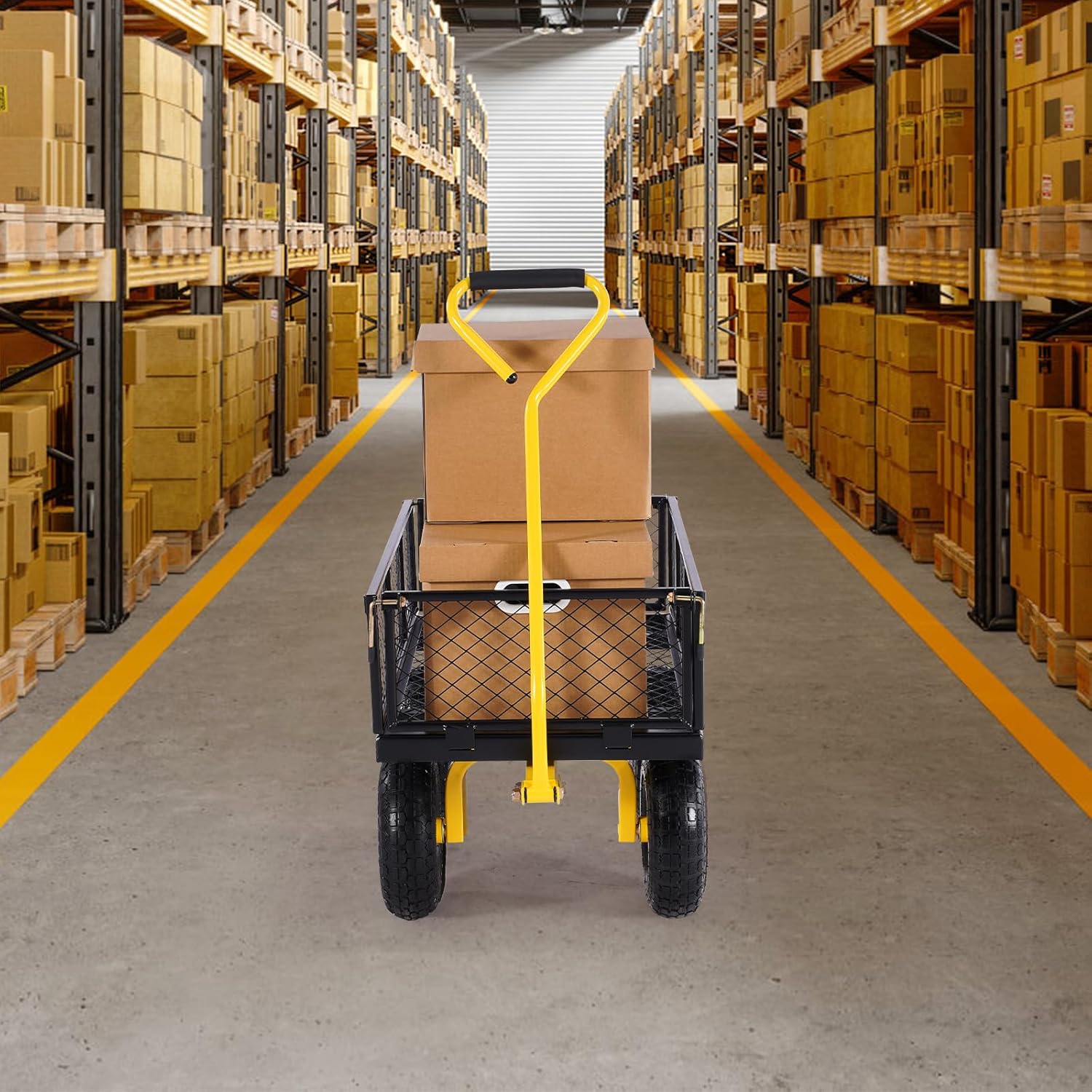 VEVOR Tuintransportwagen, draagvermogen 900 lb (ca. 408 kg), robuuste metalen transportwagen voor buiten met 254 mm banden, verstelbare en afneembare gaaswanden, 180° draaibare handgreep, geelzwart 