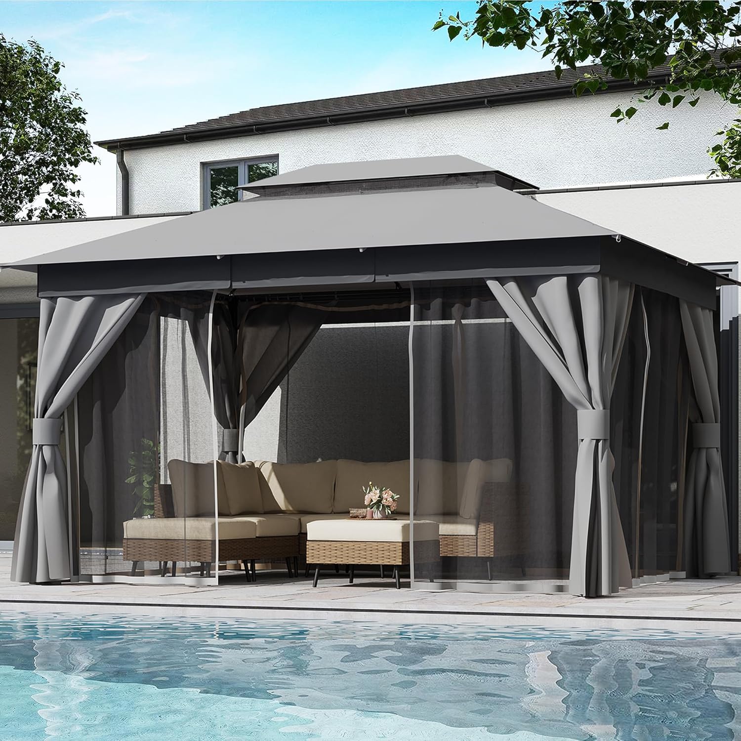 Tente pavillon d'extérieur améliorée à double toit, auvent imperméable UV50+ avec filet et crochets