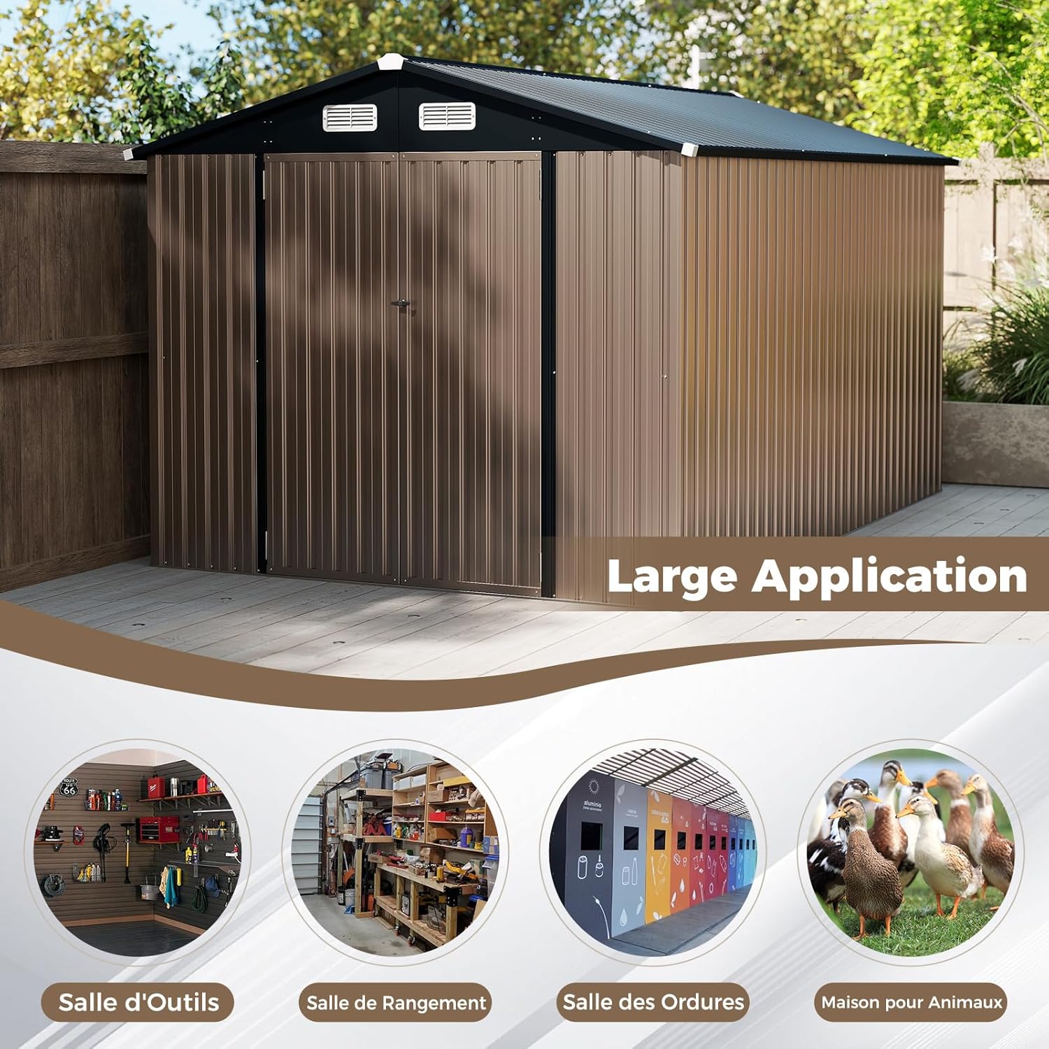 Abri de jardin en métal Costway, 7,8 m², toit à double pente, porte double verrouillable avec clé, 4 aérations, abri de jardin extérieur pour vélo, poubelle, outils, anthracite (7,8 m²)