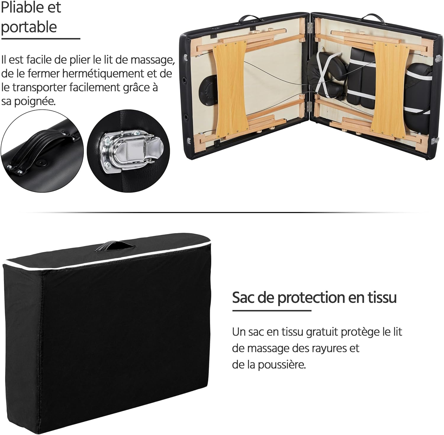 Yaheetech opklapbare massagetafel 70 cm, professioneel massagebed in 2 delen, massief houten tafelbank, cosmetische therapie, zwart 