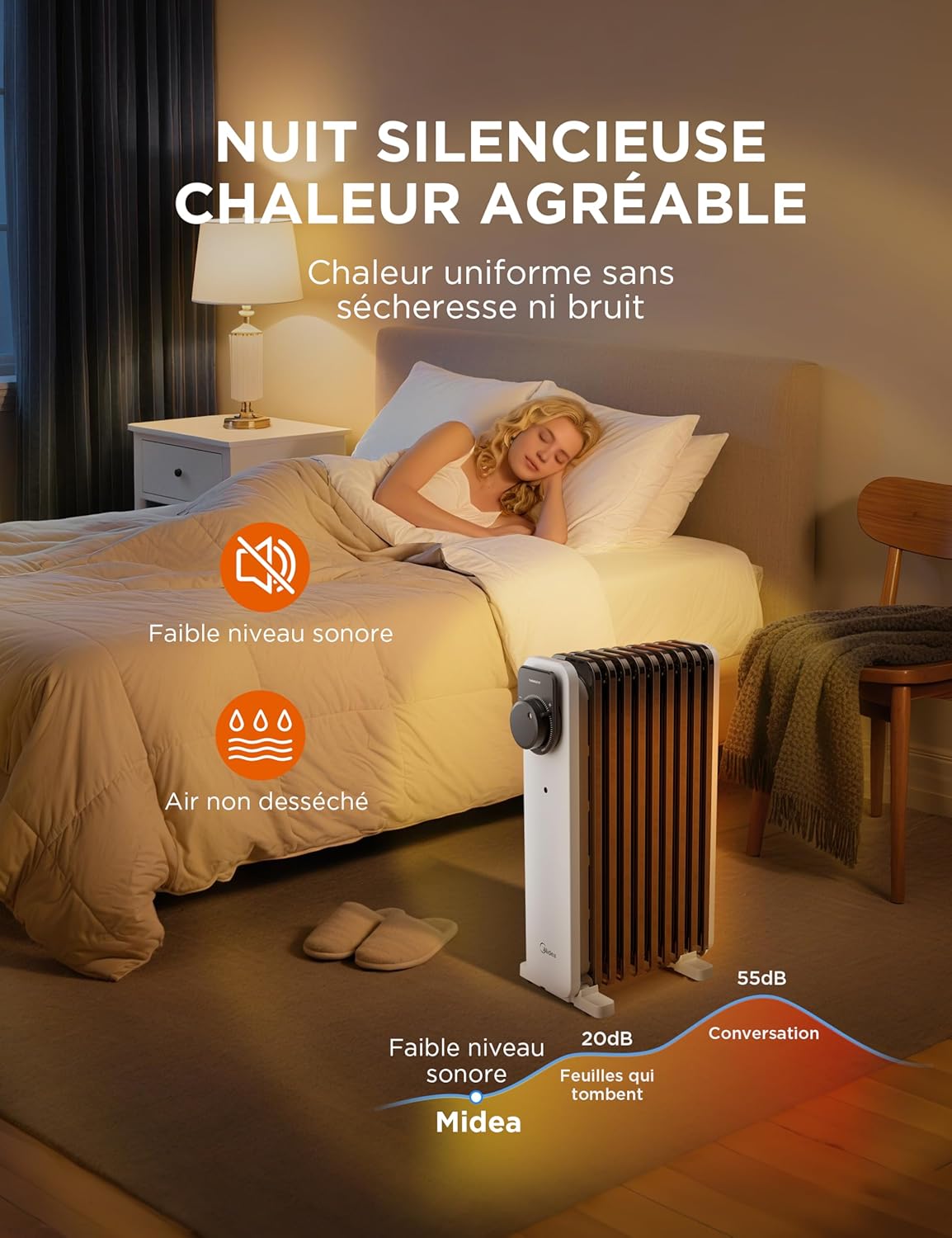 Radiateur à bain d'huile Midea 2000 W - 9 ailes, commande rotative, thermostat réglable