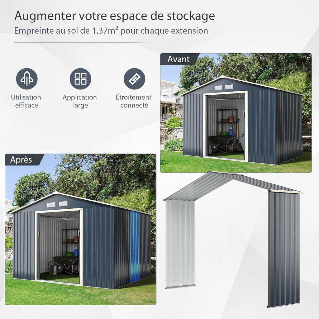 Abri de jardin en métal Costway + 1 kit d'extension avec 2 portes coulissantes verrouillables, 4 trous de ventilation, toit incliné pour vélo