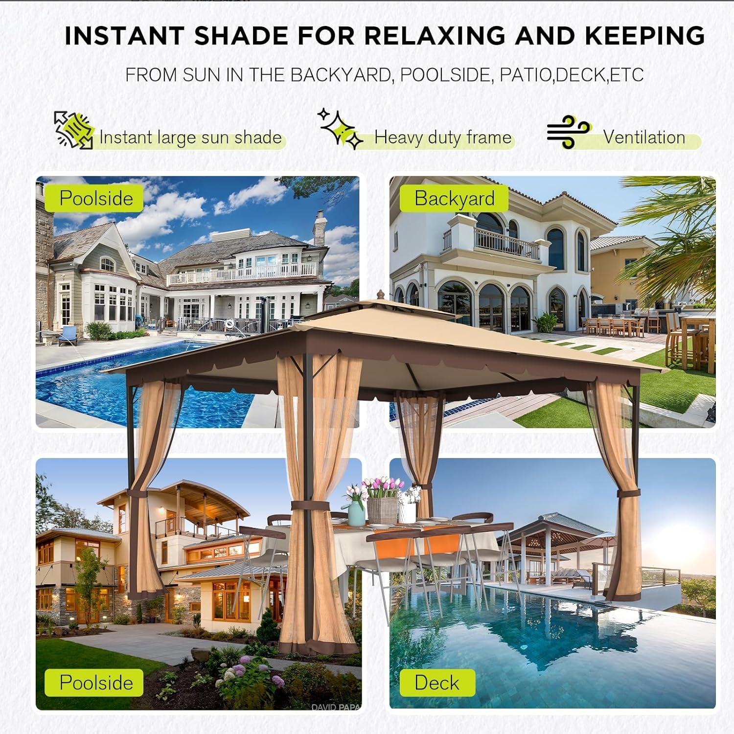 Tonnelle 10x12 avec écran, tonnelle d'extérieur en métal robuste, tente à auvent à cadre robuste avec double toit gonflable, tonnelle de patio coupe-vent et imperméable