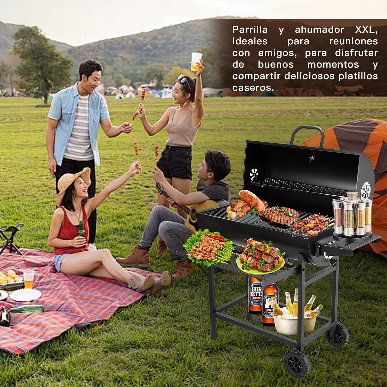 TEENO Houtskoolbarbecue, XXL kookrooster, anti-verbrandingshandschoenen, thermometer, aslade, verstelbare ventilatieopening, grote houtskoolbarbecue (basismodel) 