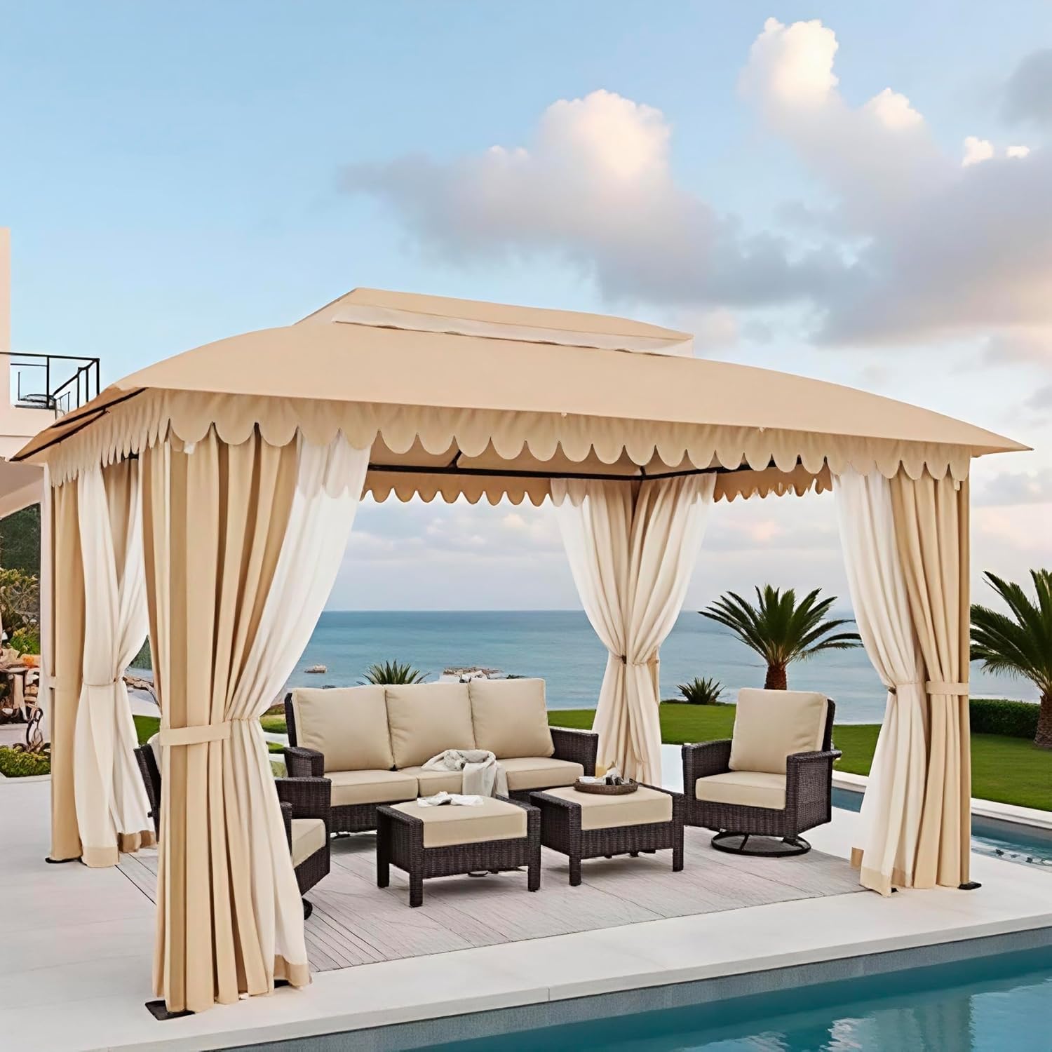 Gazebo 10 x 13, gazebo extérieur abrité, tente à auvent en métal robuste avec double toit et moustiquaire