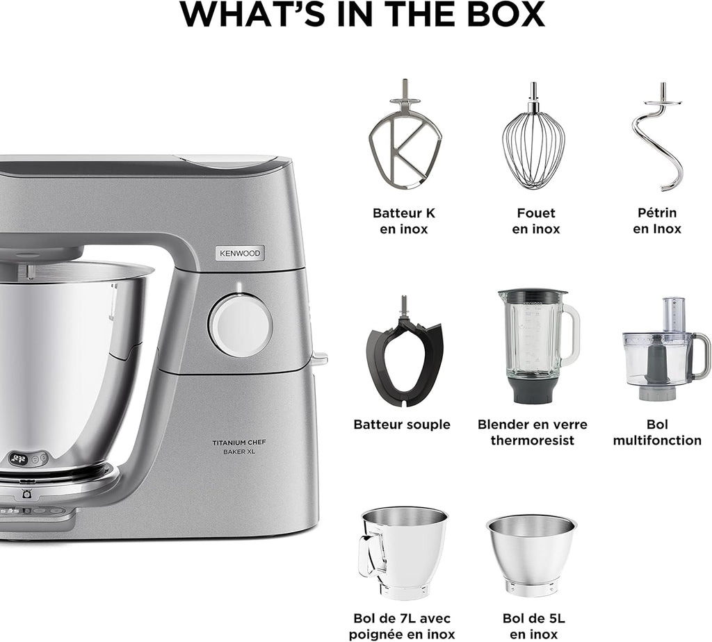 Kenwood Titanium Chef Baker KVC85.004SI Patisserie Processor met geïntegreerde weegschaal, inclusief 3-delige deegset, mengkom van 5 liter en 3,5 liter, progressieve cruisecontrol, 1200 W, zilverkleurig 