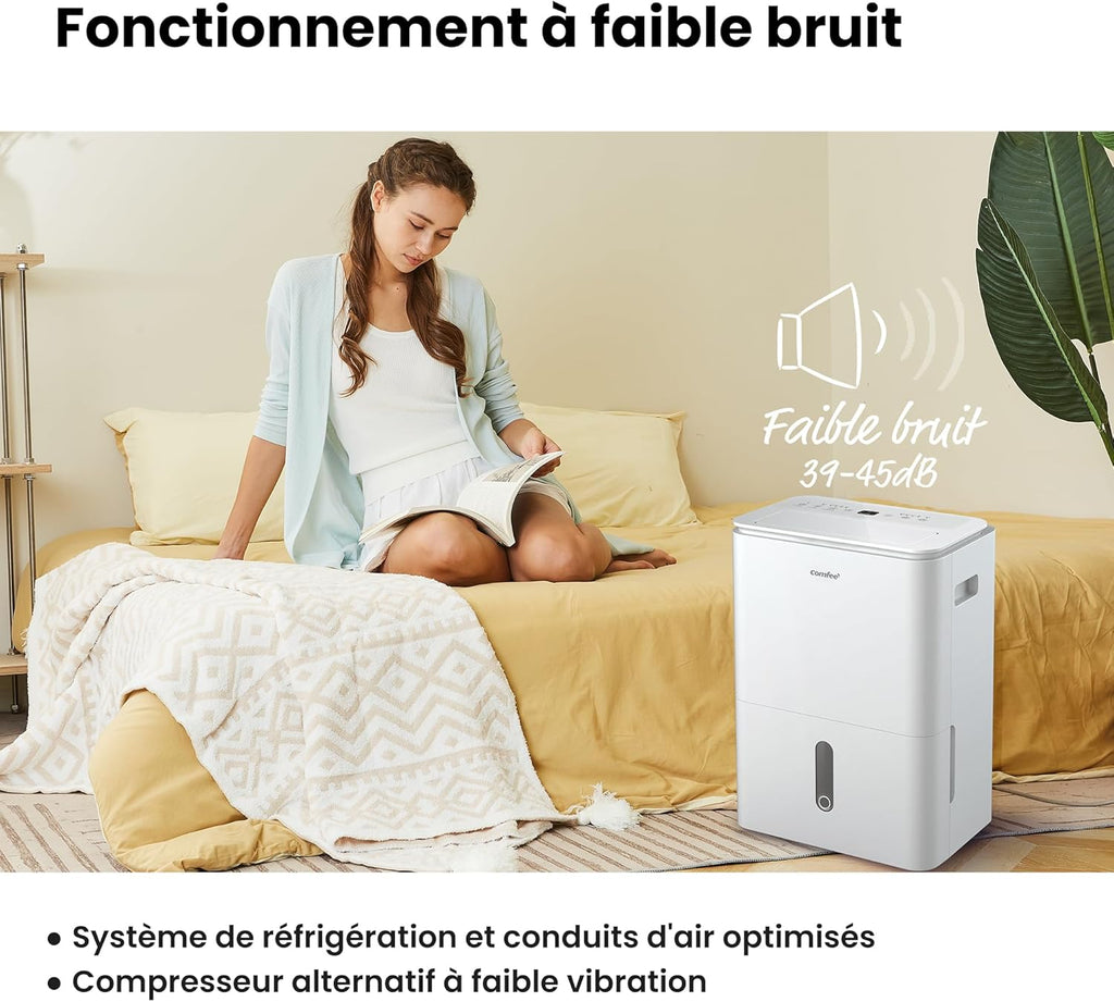 Déshumidificateur puissant COMFEE, absorbe jusqu'à 50 L/jour, sèche-linge, mode confort, grand réservoir de 6 L, minuterie 24 h, idéal pour les grandes pièces de 101 à 116 ㎡, MDDPE-50DEN7, cave, sous-sol
