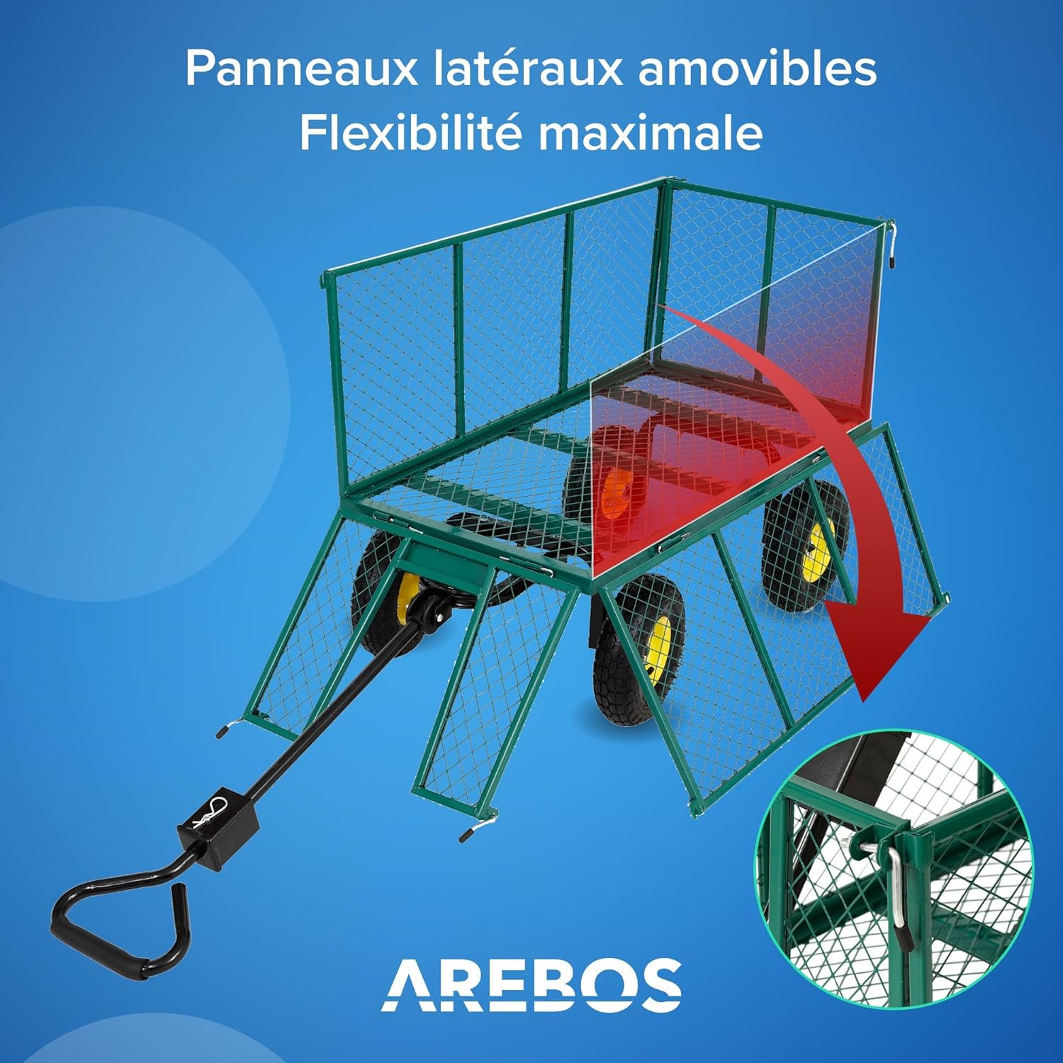Chariot de jardin Arebos avec pneus profilés Charge max 550 kg Pliable vert Poignée et timon amovibles