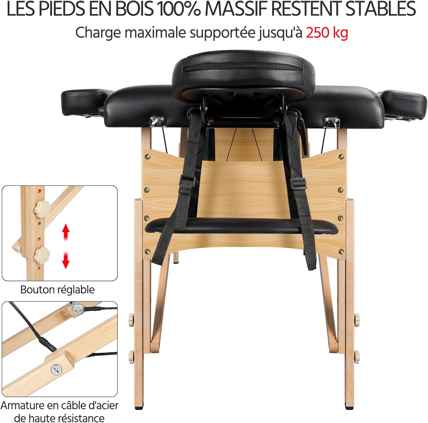 Yaheetech opklapbare massagetafel 70 cm, professioneel massagebed in 2 delen, massief houten tafelbank, cosmetische therapie, zwart 