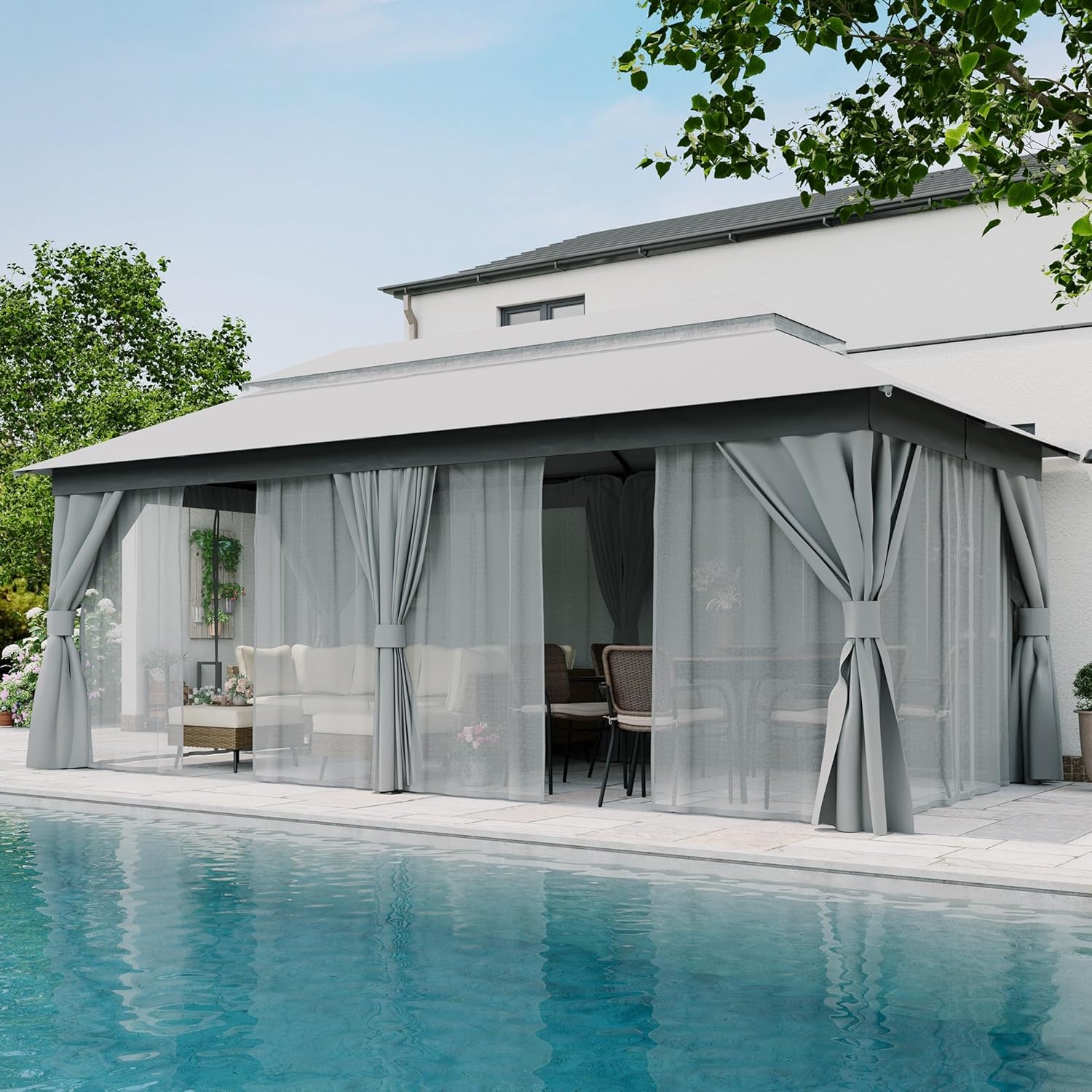 Tente pavillon d'extérieur améliorée à double toit, auvent imperméable UV50+ avec filet et crochets