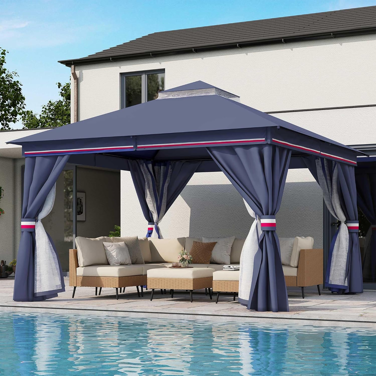 Tente pavillon d'extérieur améliorée à double toit, auvent imperméable UV50+ avec filet et crochets