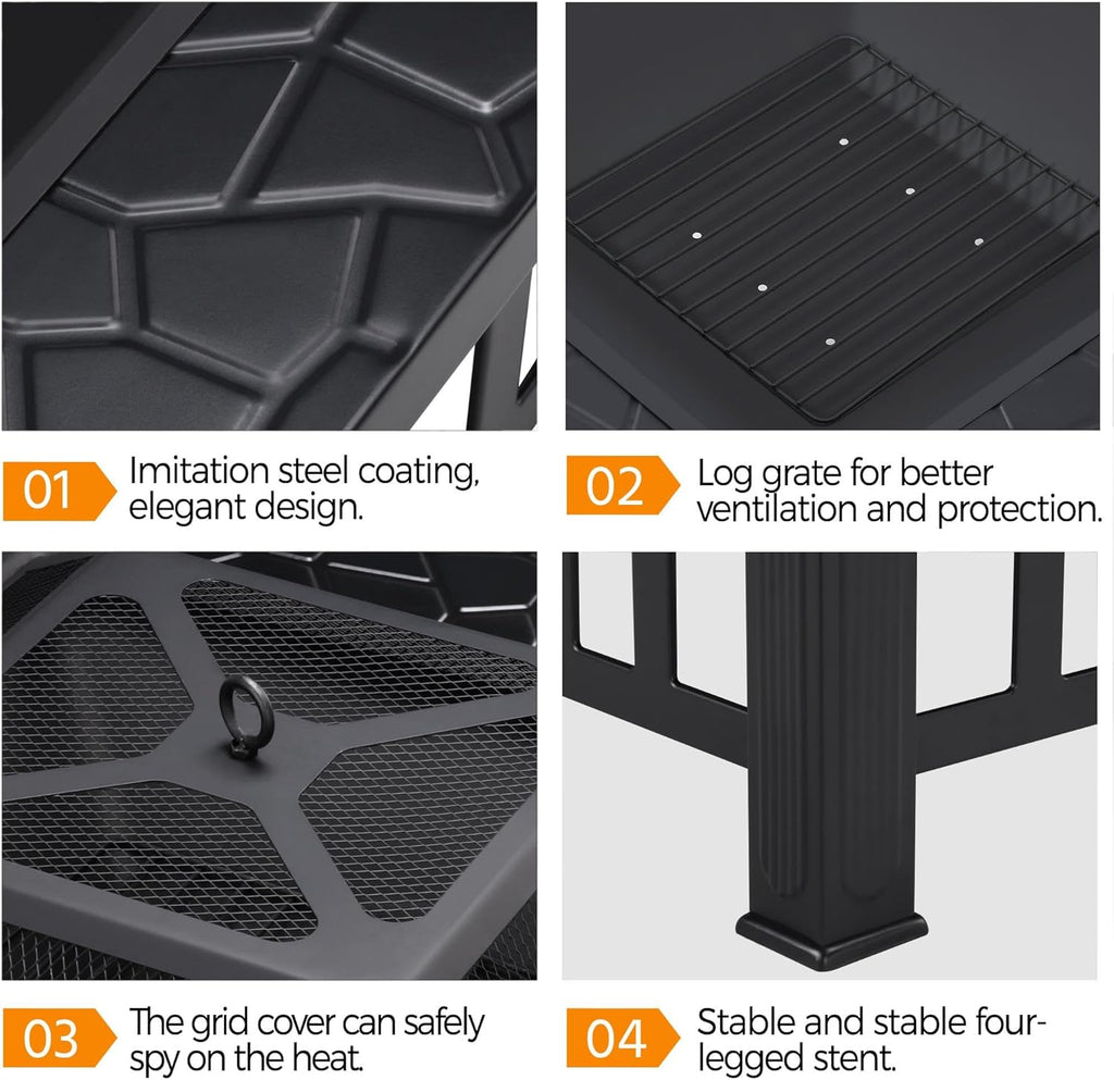 Yaheetech Outdoor 3-in-1 Vierkante Multifunctionele Vuurkorf 81 x 81 x 50 cm voor Terras, Balkon, Houtkachels met Pokergaasafdekking Zwart 