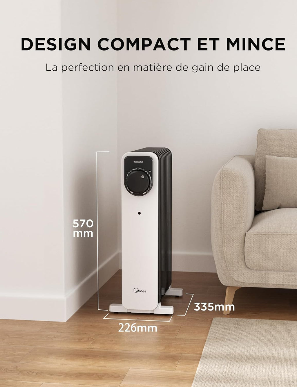 Radiateur à bain d'huile Midea 2000 W - 9 ailes, commande rotative, thermostat réglable