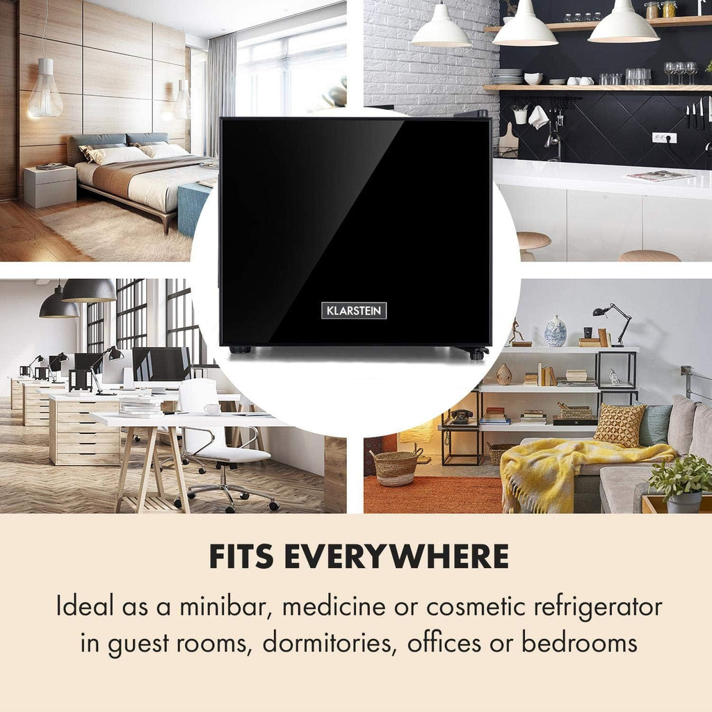 KLARSTEIN Frosty - Mini-réfrigérateur, Capacité de 10 litres, Compact, Eclairage intérieur LED blanc, 12 et 18 °C, Clayette en verre, Elégante porte, Nettoyage facile, Noir