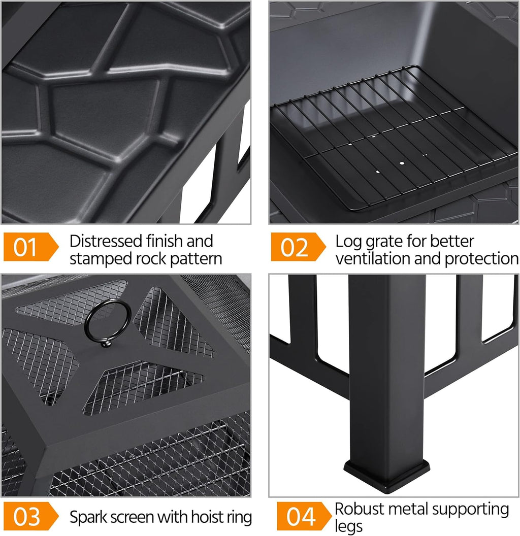Yaheetech Outdoor 3-in-1 Vierkante Multifunctionele Vuurkorf 81 x 81 x 50 cm voor Terras, Balkon, Houtkachels met Pokergaasafdekking Zwart 
