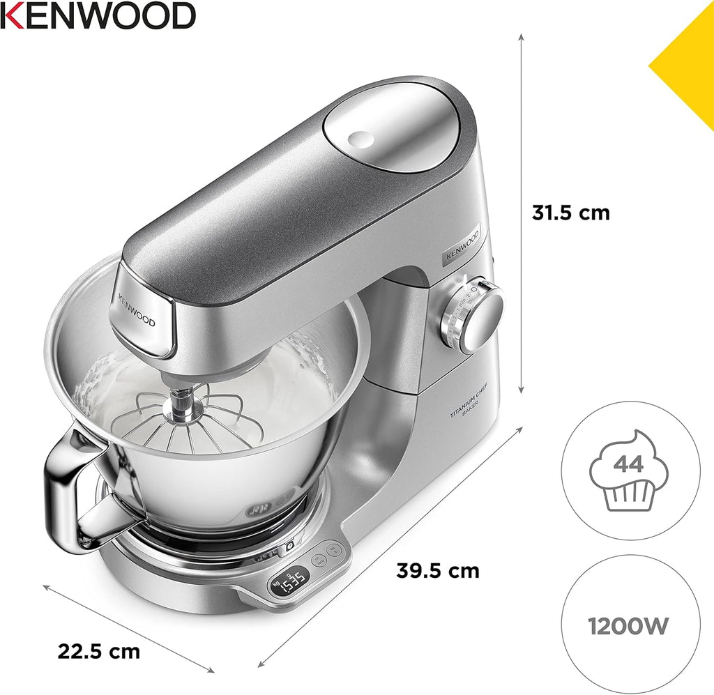 Kenwood Titanium Chef Baker KVC85.004SI Patisserie Processor met geïntegreerde weegschaal, inclusief 3-delige deegset, mengkom van 5 liter en 3,5 liter, progressieve cruisecontrol, 1200 W, zilverkleurig 