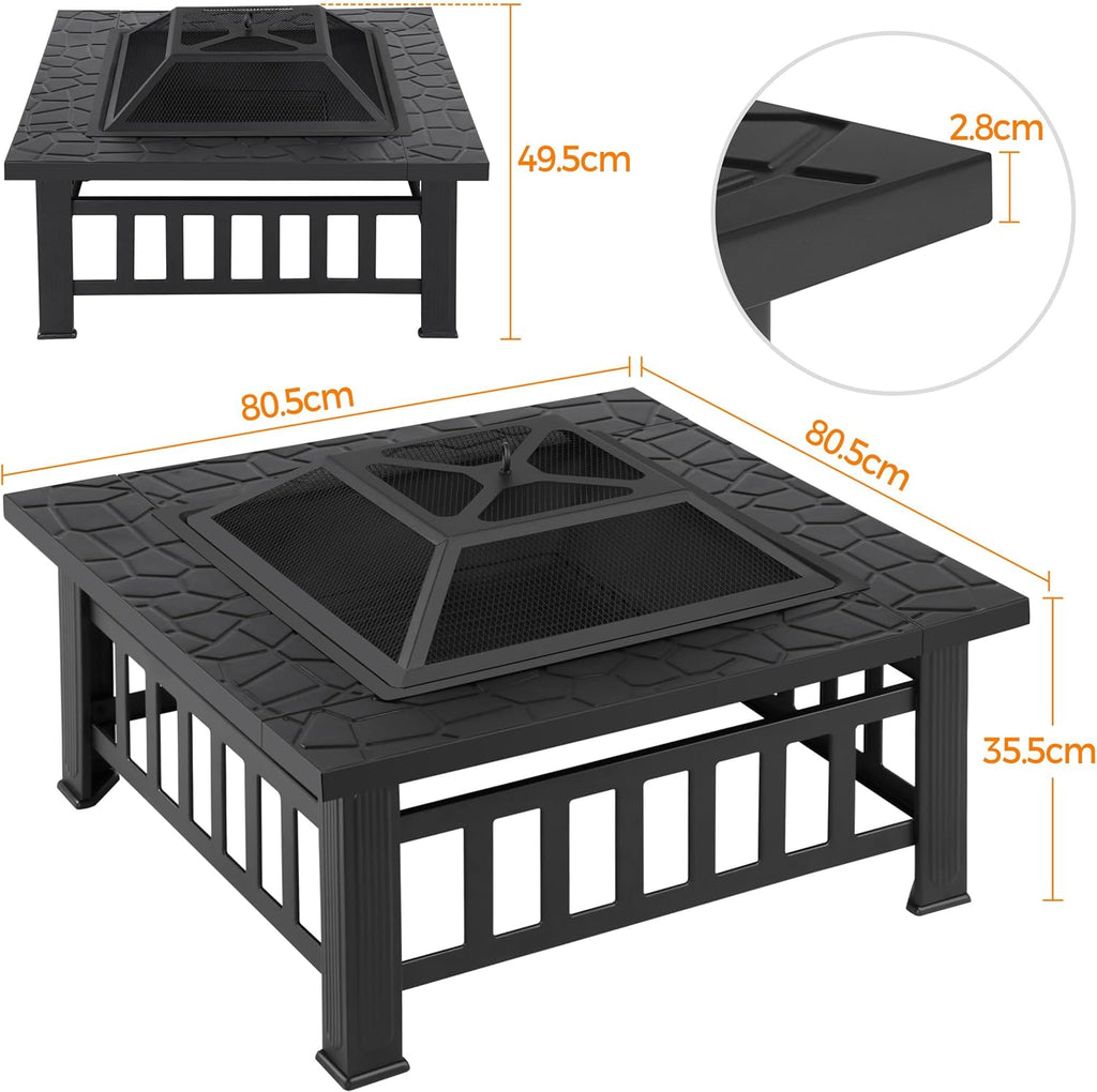 Yaheetech Outdoor 3-in-1 Vierkante Multifunctionele Vuurkorf 81 x 81 x 50 cm voor Terras, Balkon, Houtkachels met Pokergaasafdekking Zwart 
