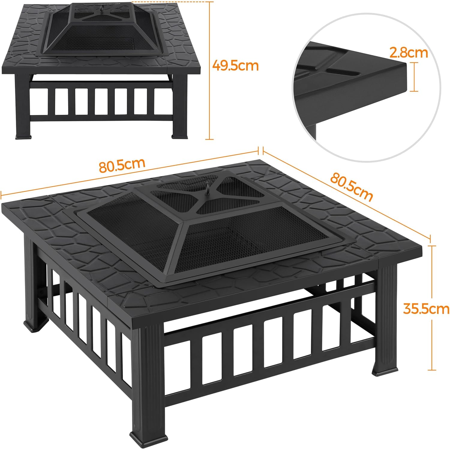 Yaheetech Outdoor 3-in-1 Vierkante Multifunctionele Vuurkorf 81 x 81 x 50 cm voor Terras, Balkon, Houtkachels met Pokergaasafdekking Zwart 