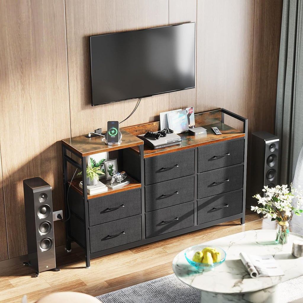 ODK Slaapkamerkast met 2 USB-poorten en 2 stopcontacten, multifunctionele ladekast voor slaapkamer en woonkamer – Stabiel en duurzaam dressoir, 132 x 30 x 88 cm, Vintage en zwart 