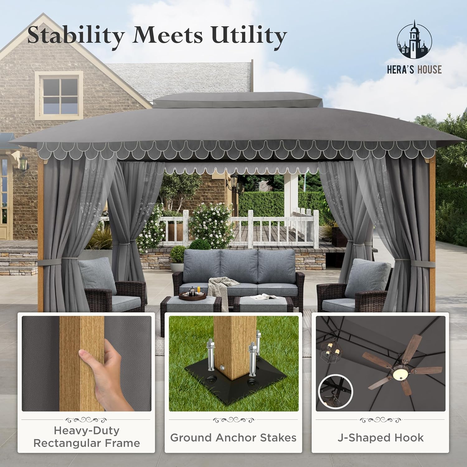 Gazebo 10 x 13, gazebo extérieur abrité, tente à auvent en métal robuste avec double toit et moustiquaire