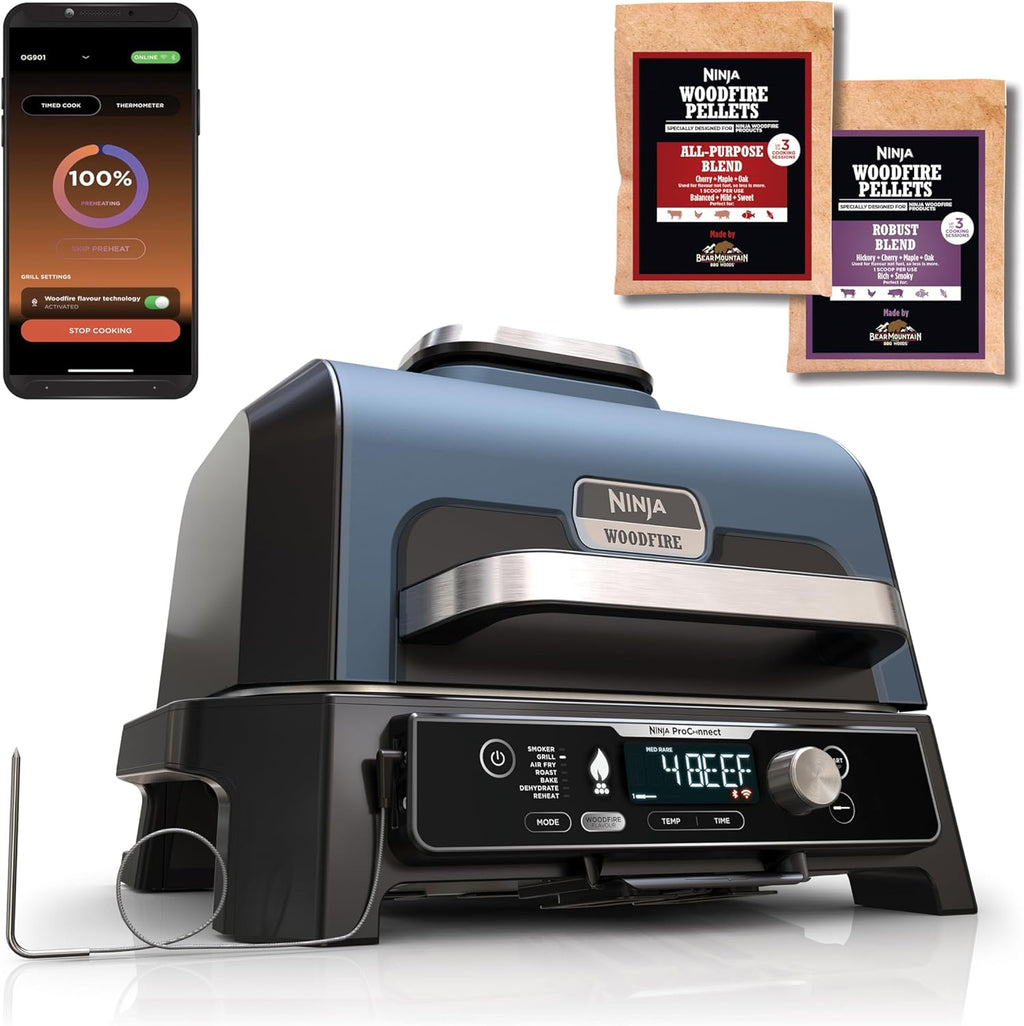 Barbecue et fumoir électrique Ninja Woodfire Pro Connect XL avec contrôle d'application, 2 sondes, grille, couvercle, doublures et brosse, gril et friteuse sans huile 7 en 1